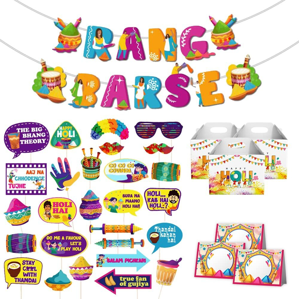 Festiko Holi Decoration Combo (Set of 48 Pcs) - 1 Pc Rang Barse Holi Banner, 27 Pcs Holi Photobooth Props, 10 Pcs Holi Goodie Boxes, 10 Pcs Holi Food Tags, Happy Holi Decorations, Holi Party Supplies