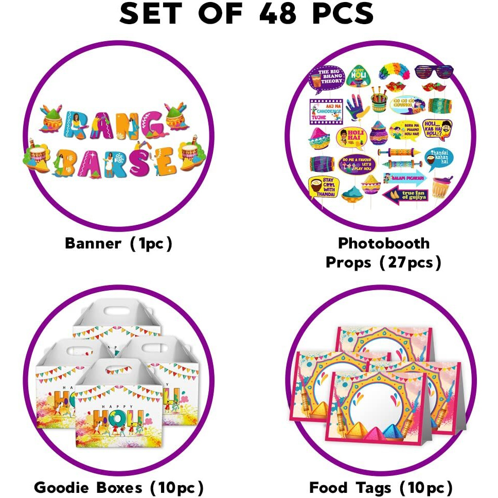 Festiko Holi Decoration Combo (Set of 48 Pcs) - 1 Pc Rang Barse Holi Banner, 27 Pcs Holi Photobooth Props, 10 Pcs Holi Goodie Boxes, 10 Pcs Holi Food Tags, Happy Holi Decorations, Holi Party Supplies
