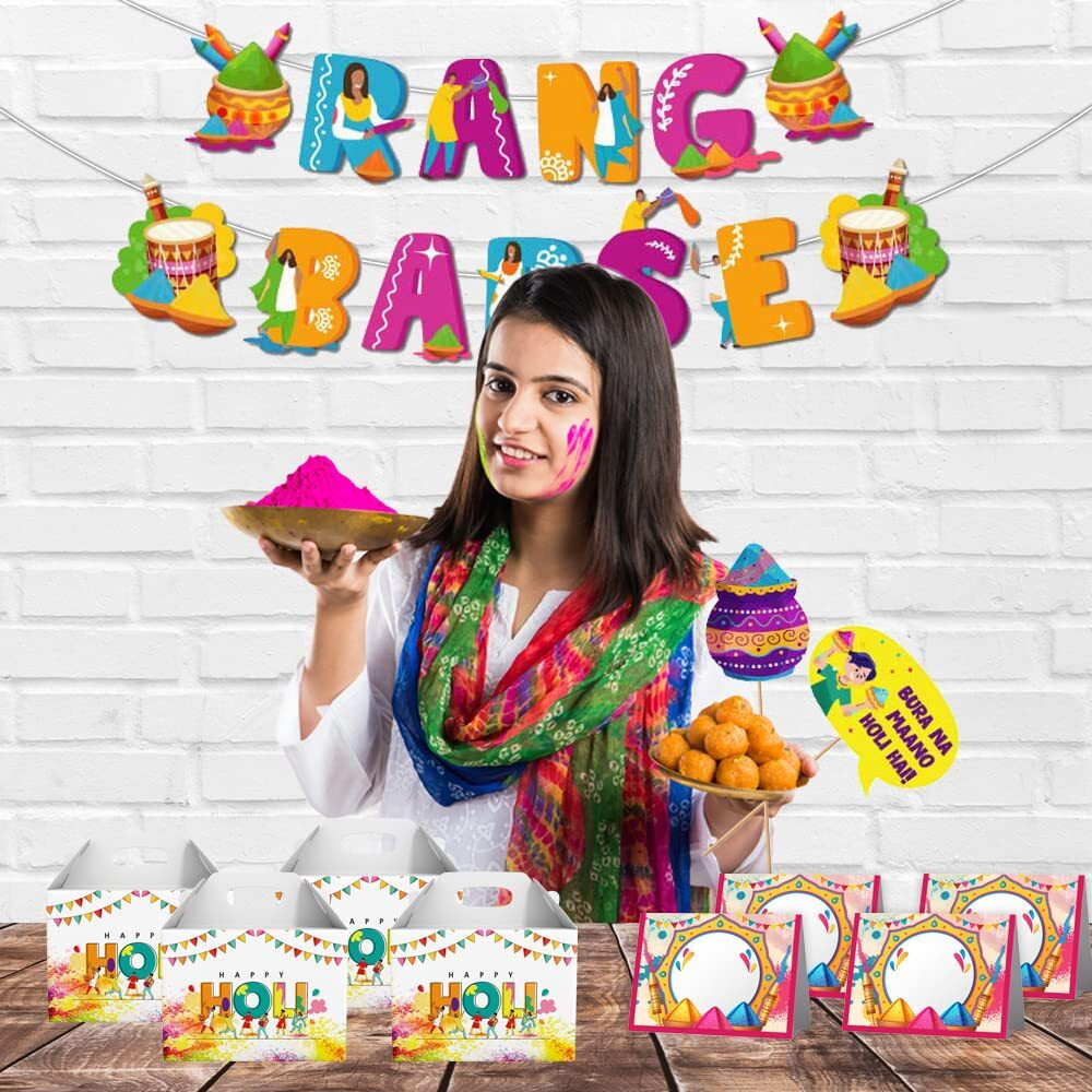Festiko Holi Decoration Combo (Set of 48 Pcs) - 1 Pc Rang Barse Holi Banner, 27 Pcs Holi Photobooth Props, 10 Pcs Holi Goodie Boxes, 10 Pcs Holi Food Tags, Happy Holi Decorations, Holi Party Supplies