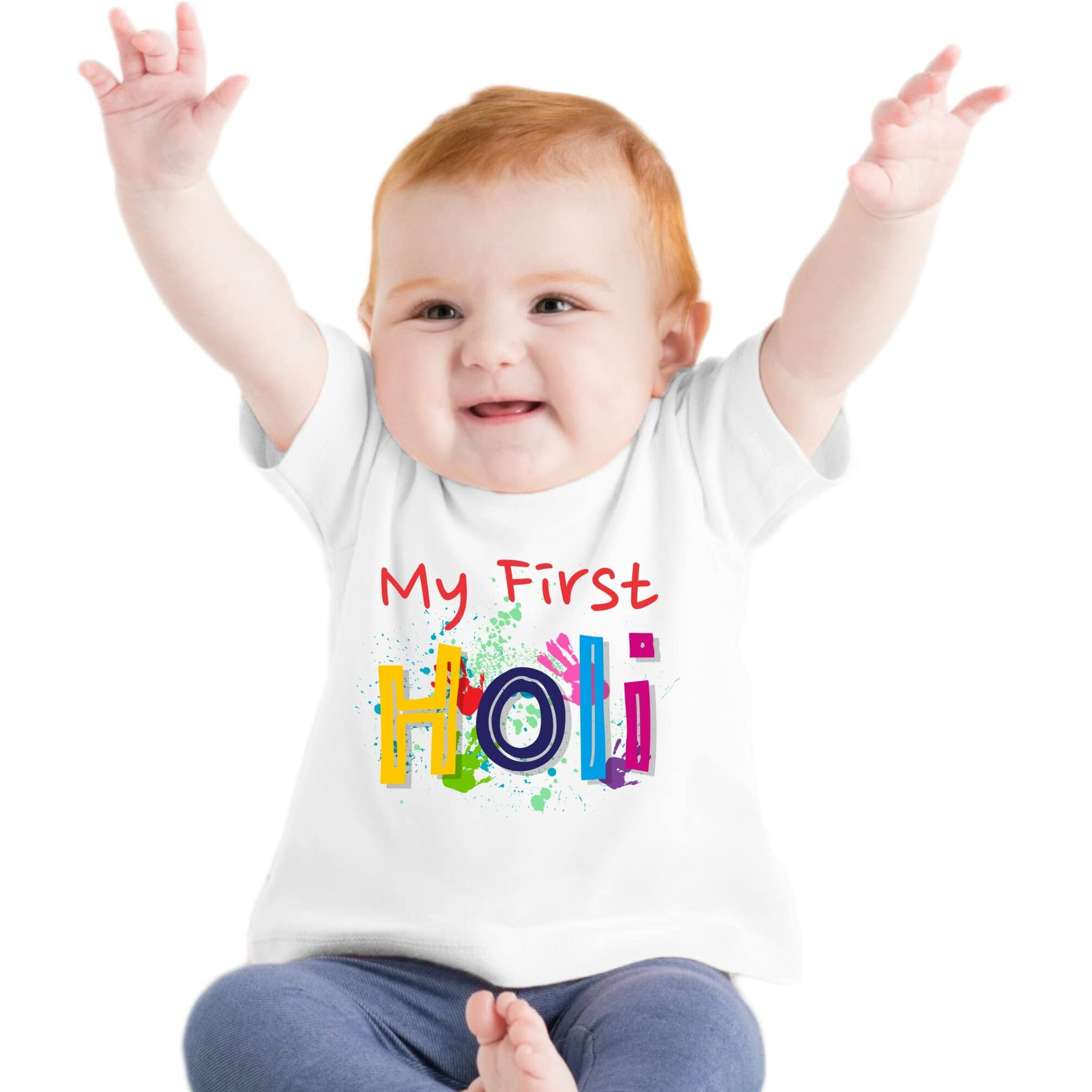 GIFTkarde My First Holi Printed Tshirt for Kids || New Born Baby/Infants || Soft Polyester Fabric || Unisex, Chest 22, Size 12-24 Months