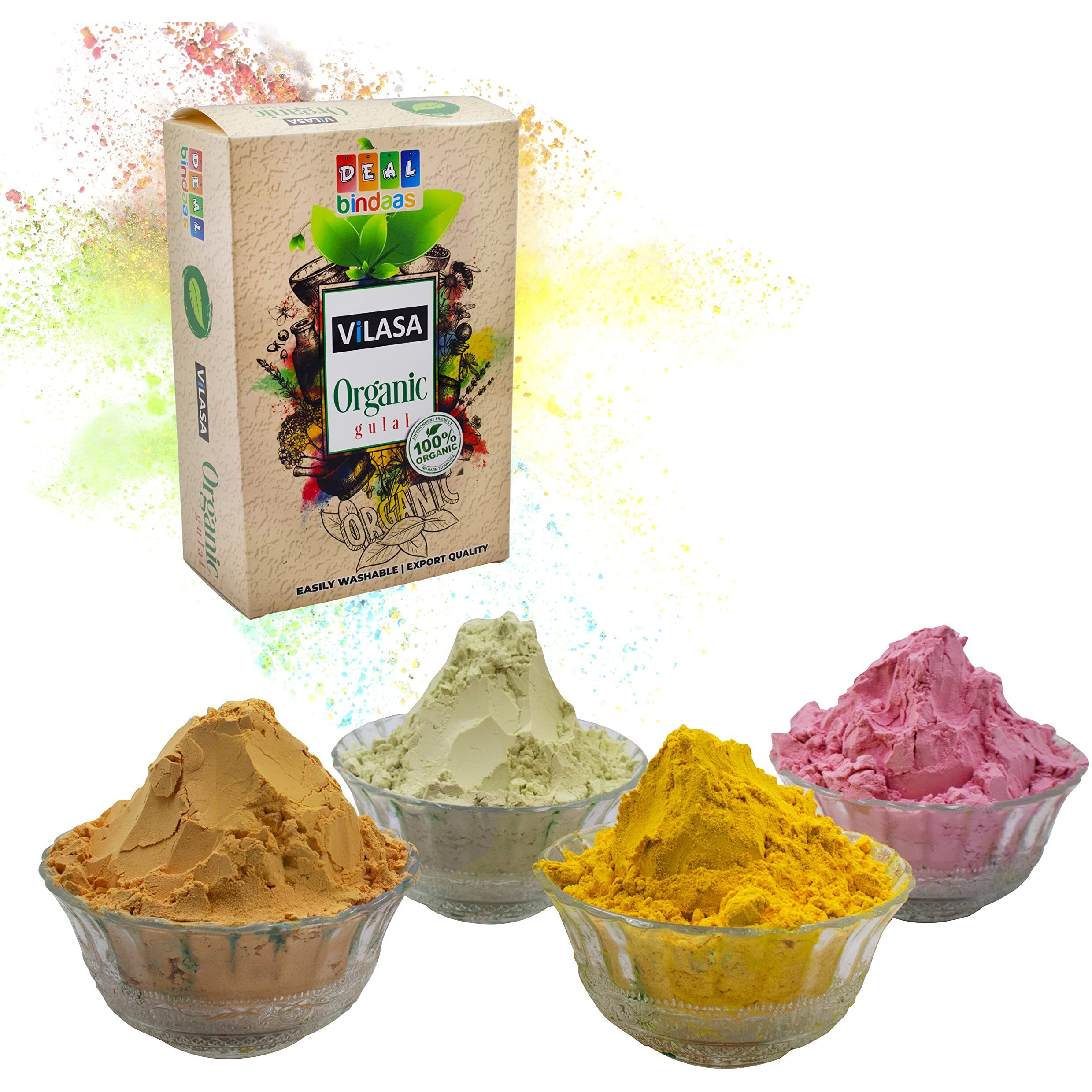 DealBindaas Vilasa Holi Organic Gulal for Kids Adult | Holi Colour | Combo | Make UR Holi Special | Holi Color Powder | Best Kids Holi Colour (Pack of 1  200gm. (4pcs X 50gm), Holi Organic Gulal)