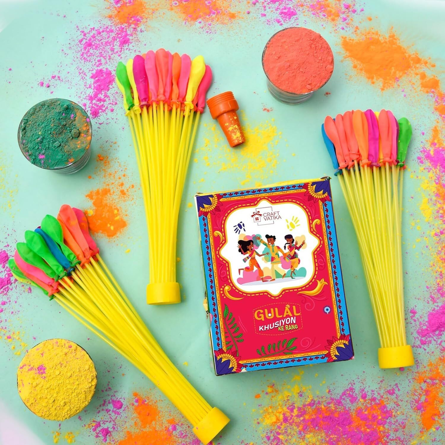 CraftVatika Herbal Holi Colour with water balloon, Holi Ke Rang with 111 Water Balloons Combo, Happy Baby Balloons with 5 Shades Gulal Holi Colours Non Chemical Colors