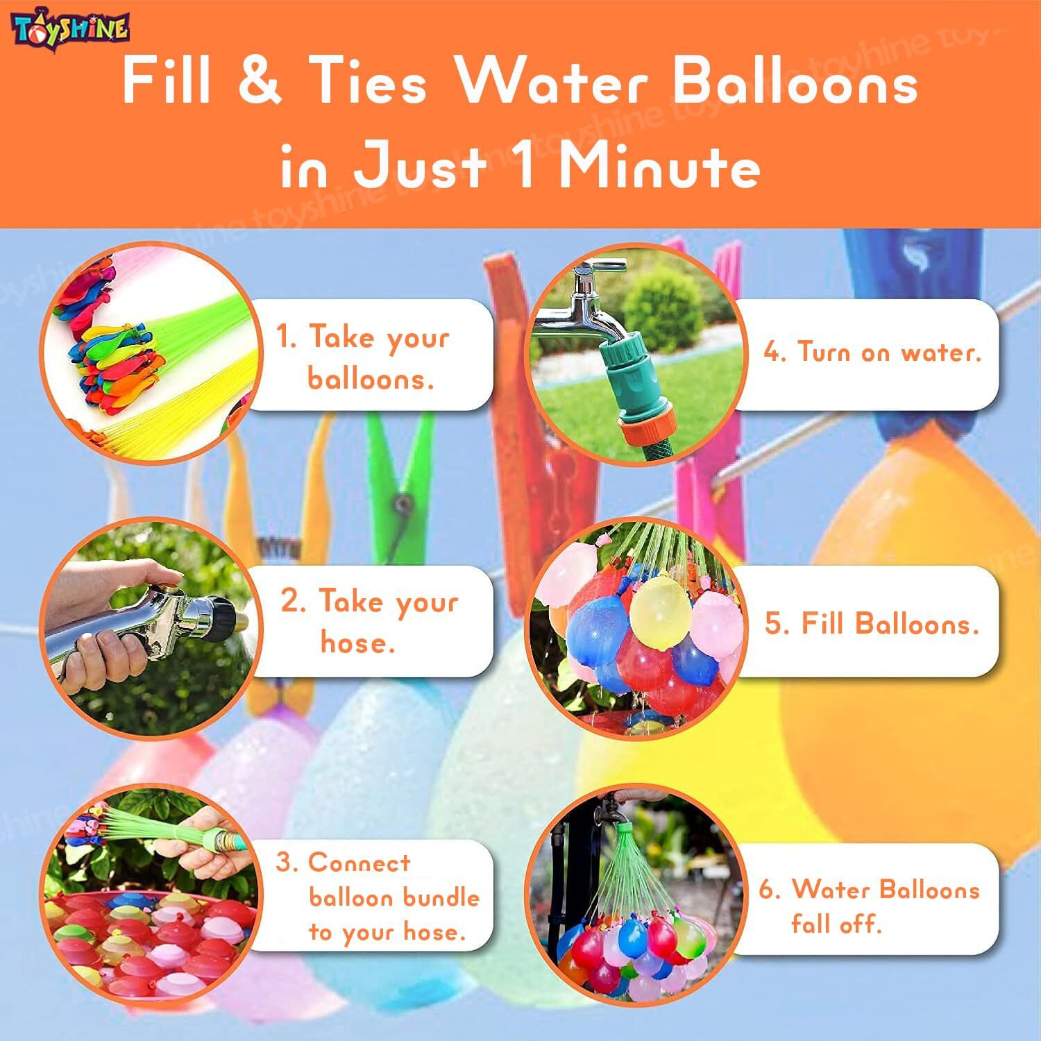 Toyshine Water Balloons Holi For Kids Boys And Girls, Latex With Refill Hose, Three Bunches Balloons Games Swimming Pool Outdoor Fun Magic Water Balloons (111 Pieces Balloons), Multicolor