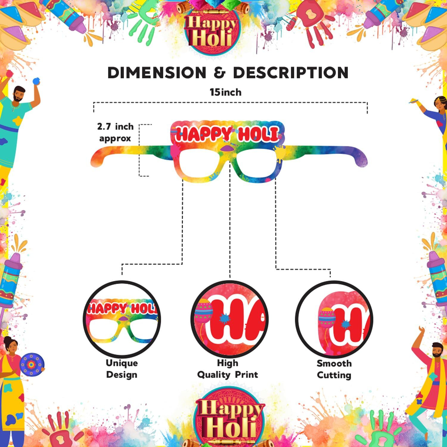 Festiko Set of 12 Pcs Paper Eye Glasses For Holi, Holi Selfie Props, Happy Holi Decorations, Holi Party Supplies, Holi Party Wearables, Holi Party Eyewear, Holi Decorations Items