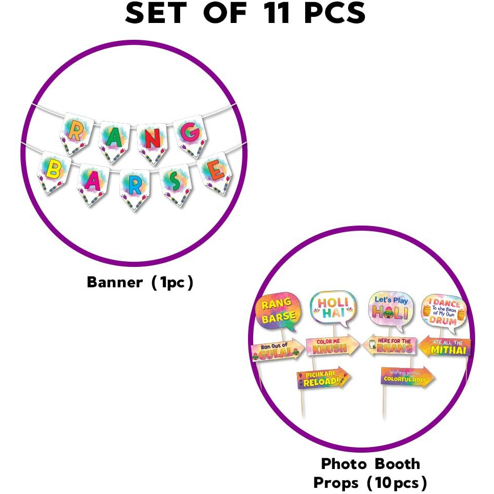 Festiko Holi Decoration Combo (Set of 11 Pcs) - 1 Pc Rang Barse Holi Banner, 10 Pcs Holi Photobooth Props, Happy Holi Decorations, Holi Party Supplies