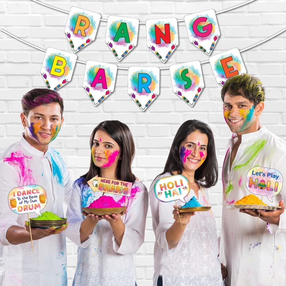 Festiko Holi Decoration Combo (Set of 11 Pcs) - 1 Pc Rang Barse Holi Banner, 10 Pcs Holi Photobooth Props, Happy Holi Decorations, Holi Party Supplies