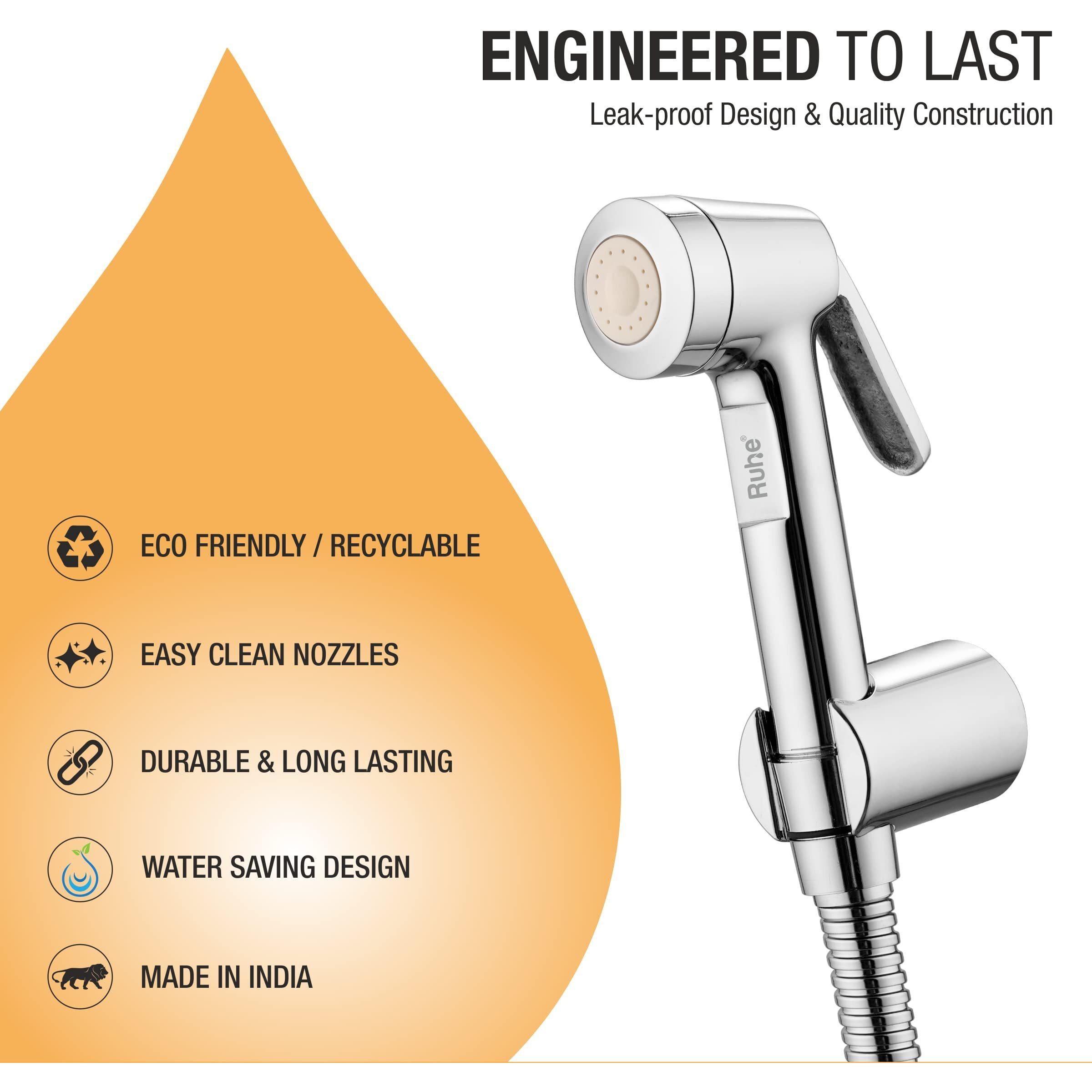Ruhe Lux Health Faucet Set for Bathroom/Handheld Jet Spray for Toilet | Brass Water Spray Gun Easy Grip with 304-Grade Stainless Steel Flexible Shower Tube 1.5 Meter and Wall Hook/Holder
