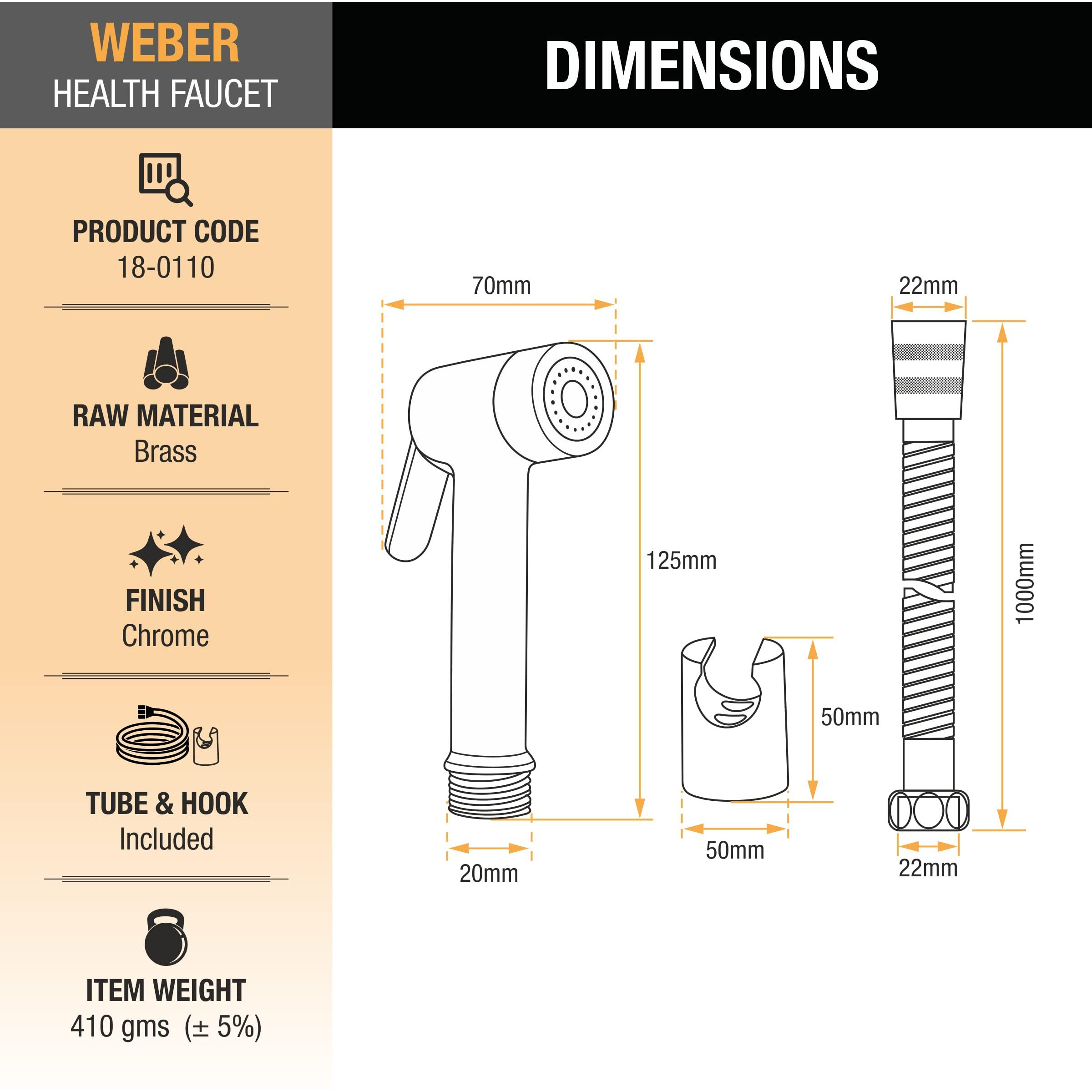 Ruhe Weber Health Faucet Set for Bathroom/Handheld Jet Spray for Toilet | Brass Water Spray Gun Easy Grip with 304-Grade Stainless Steel Flexible Shower Tube 1.5 Meter and Wall Hook/Holder