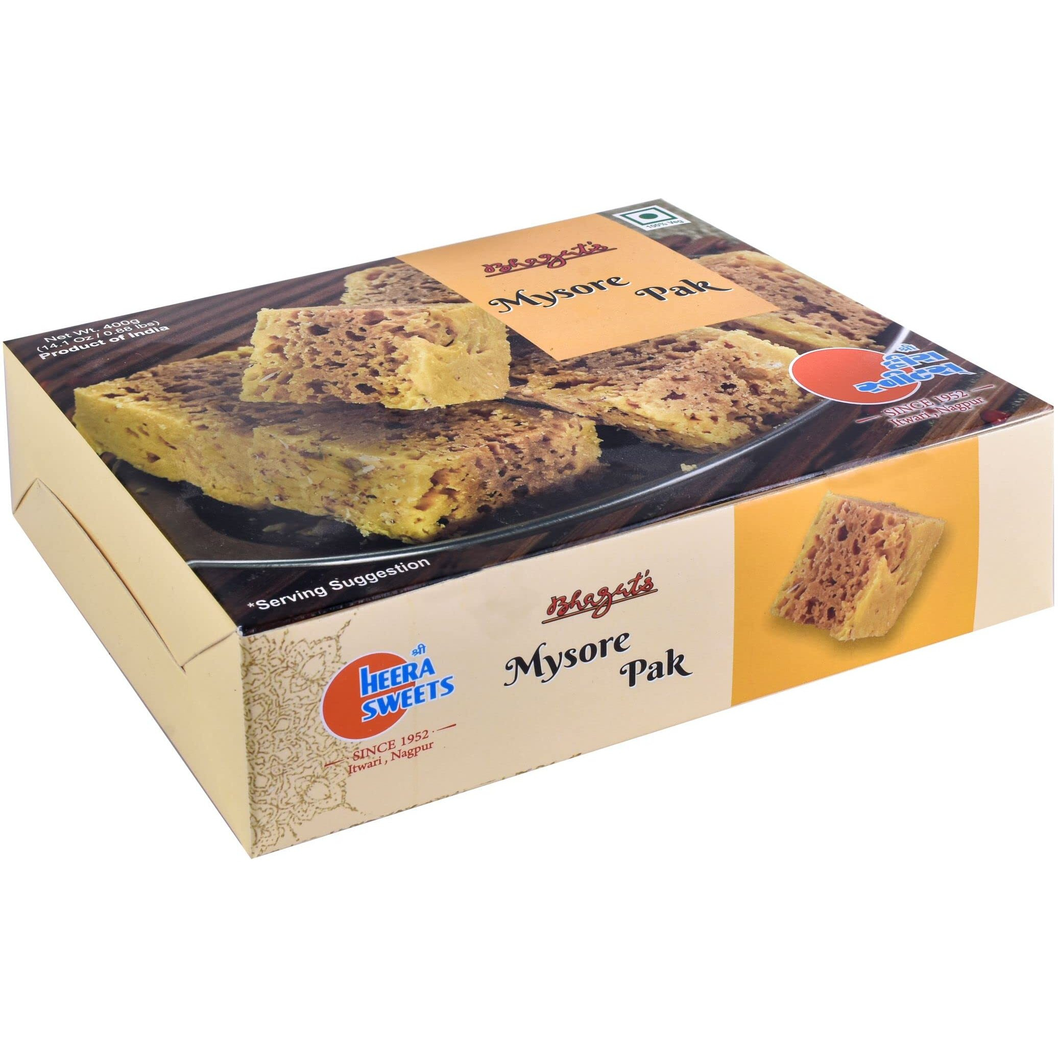 Bhagats Heera Sweets Mysore Pak Sweets Meethai Box | Delicious Sweet Box - 400 Gms Delicious Indian Mithai Mouth Melting Crispy Indian Sweets Mysore Pak Mithai (Pack Of 1) | For Diwali Sweets Ganesh Chaturthi Rakhi Christmas Holi Valentine | For All Festivals