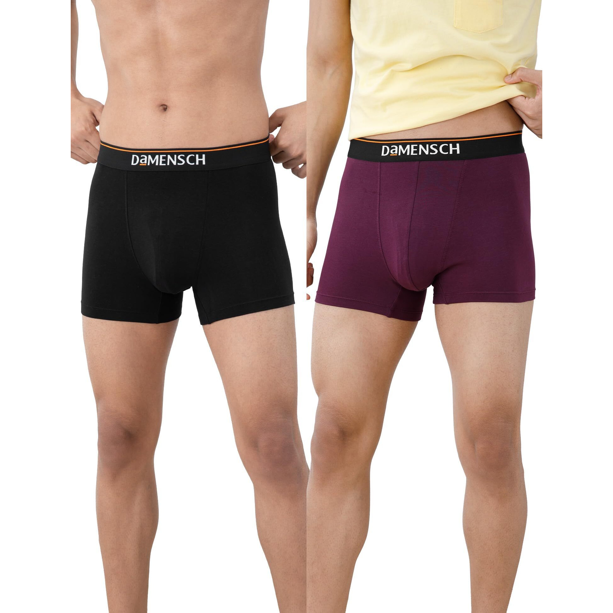 DAMENSCH Men's Regular Fit Cotton Basic Solid Trunks | Combed Cotton, Stretchy Fabric, Anti-Bacterial and Microfibre Waistband, Underwear for Men, Innerwear Men-Black Knight,Violet View-M