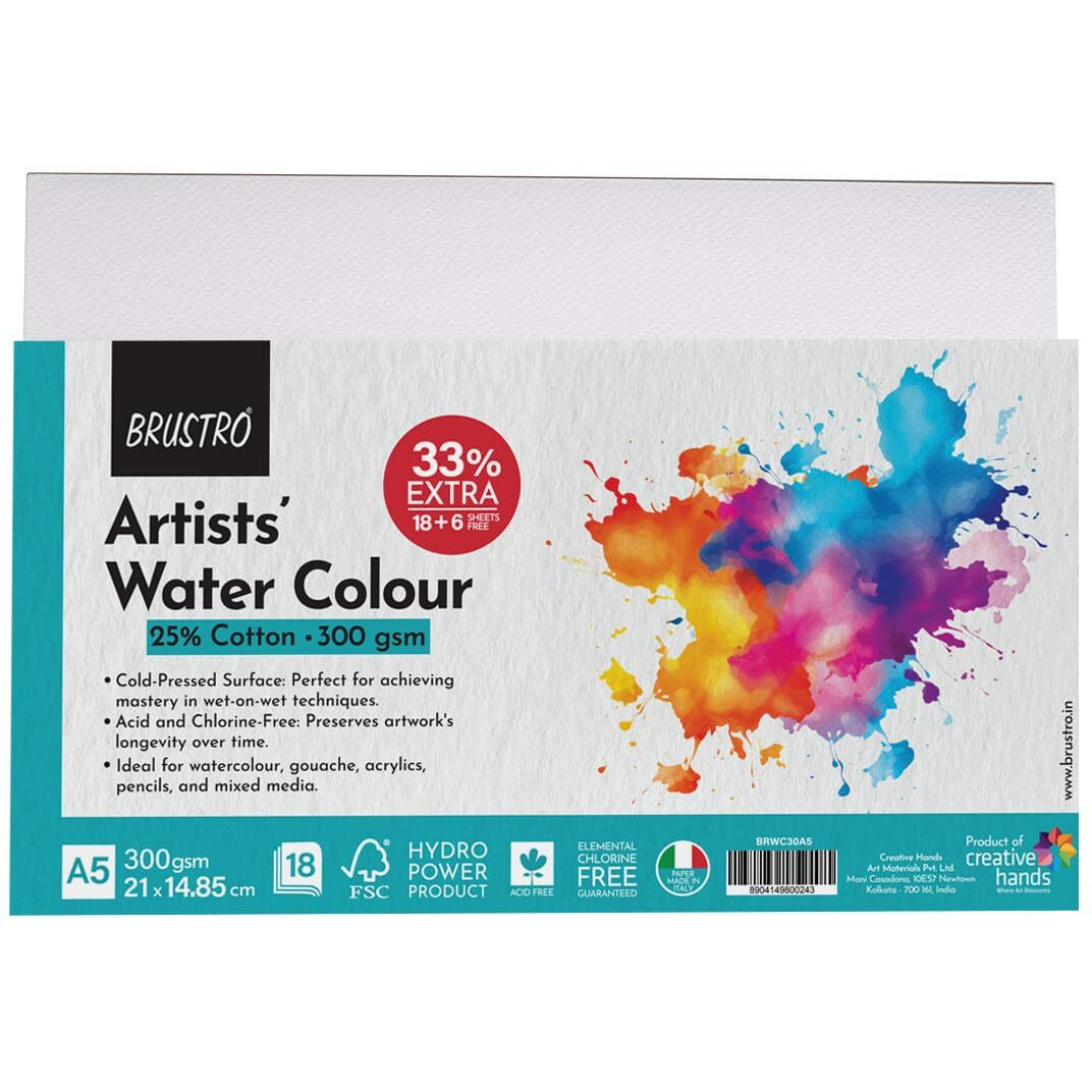 Brustro Artists Watercolour Paper 300 GSM A5-25% Cotton, Cold Pressed 2 Packets (Each Packet Contains 18 + 6 Sheets Free)