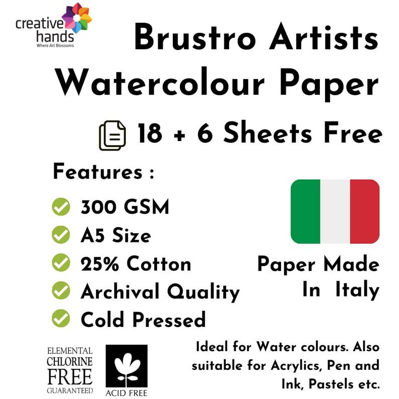 Brustro Artists Watercolour Paper 300 GSM A5-25% Cotton, Cold Pressed 2 Packets (Each Packet Contains 18 + 6 Sheets Free)