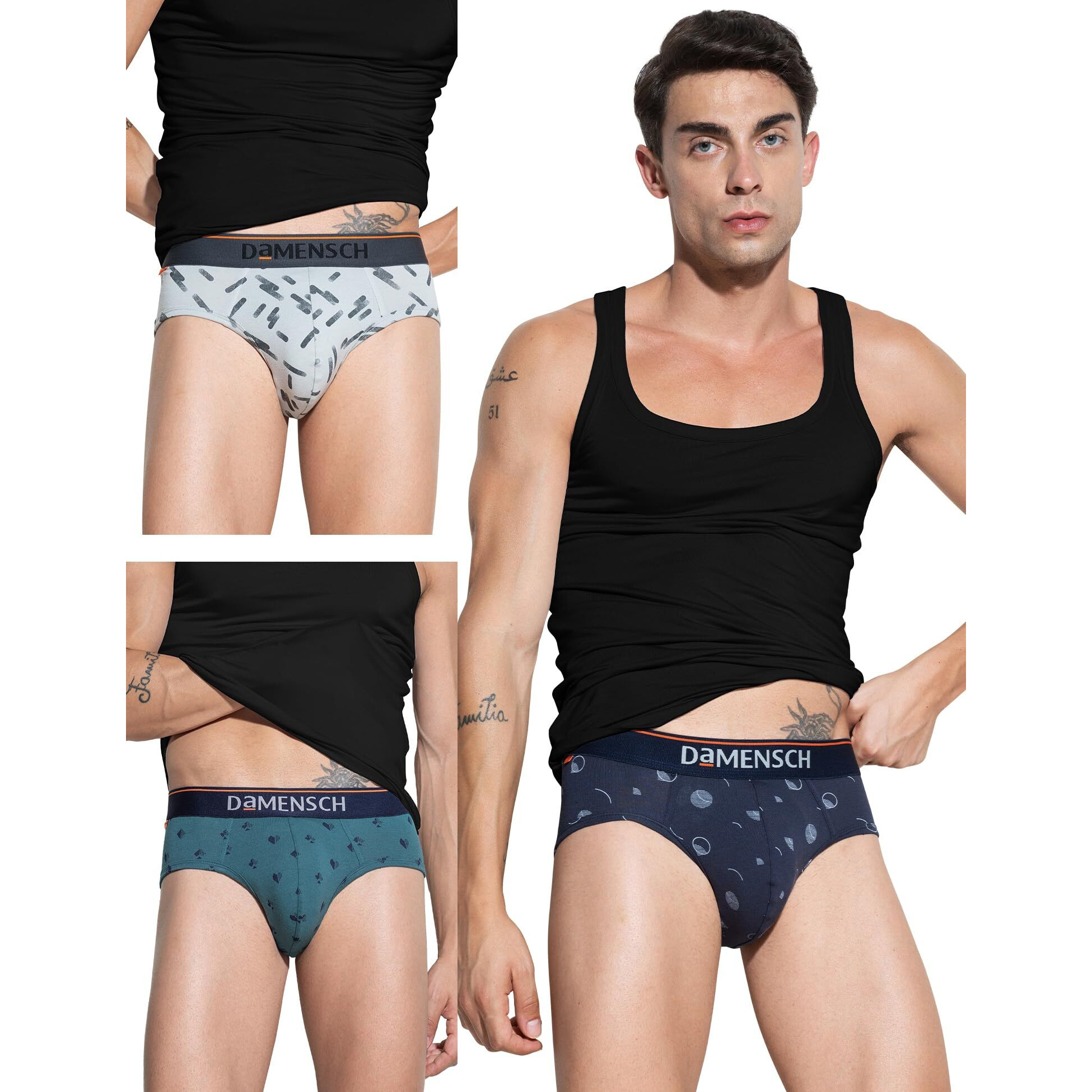 DAMENSCH Men's Cotton Blend Briefs (Pack of 3) (DAM-CTP-B-BLB-CMT-SOG-PACK-3-M_Blue Buzz, Check & Mate Teal, Stroke Grey_M)