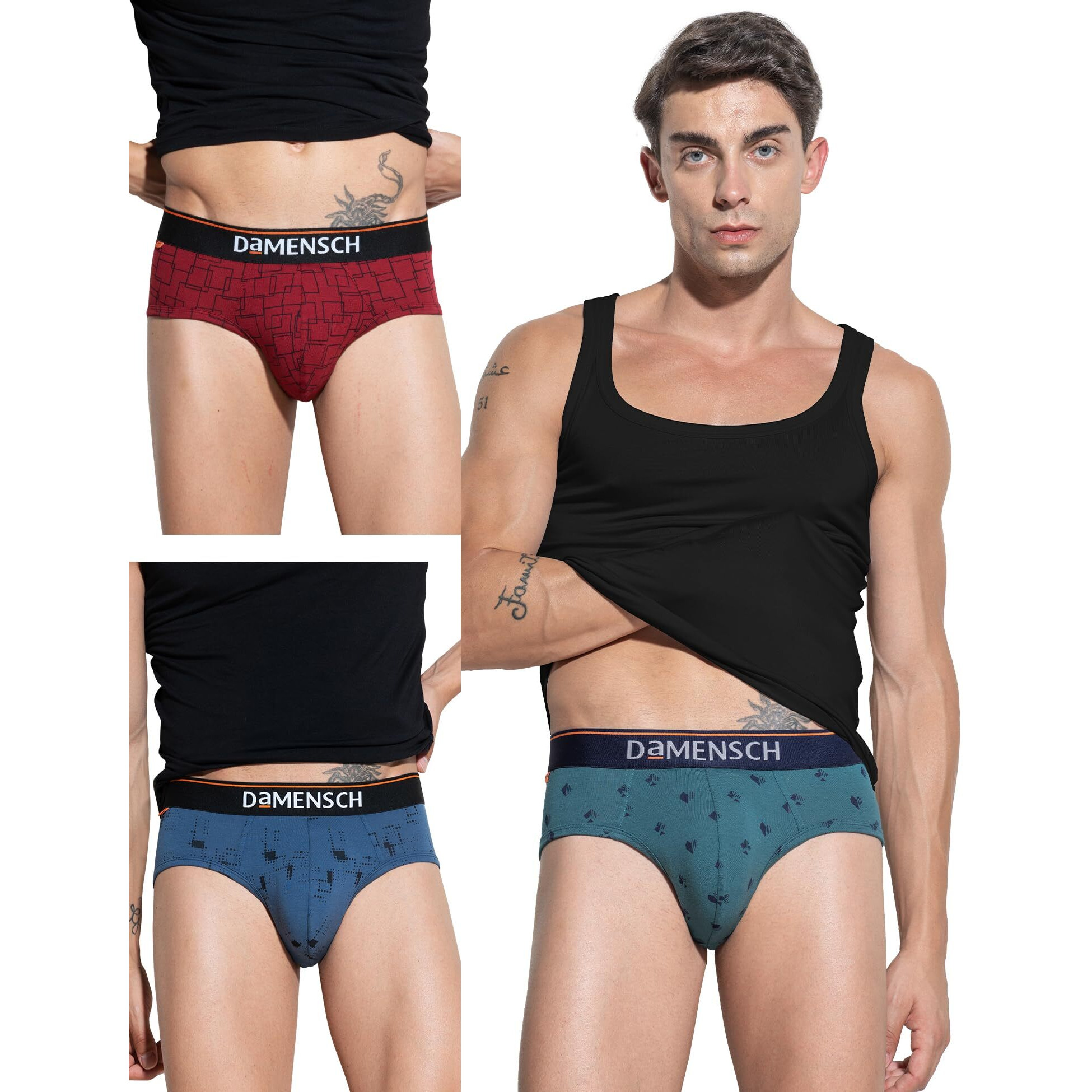 DAMENSCH Men's Cotton Blend Briefs (Pack of 3) (DAM-CTP-B-CMT-NVP-WGG-PACK-3-S_Check & Mate Teal, Navy Pixels, Wine Grid Game_S)