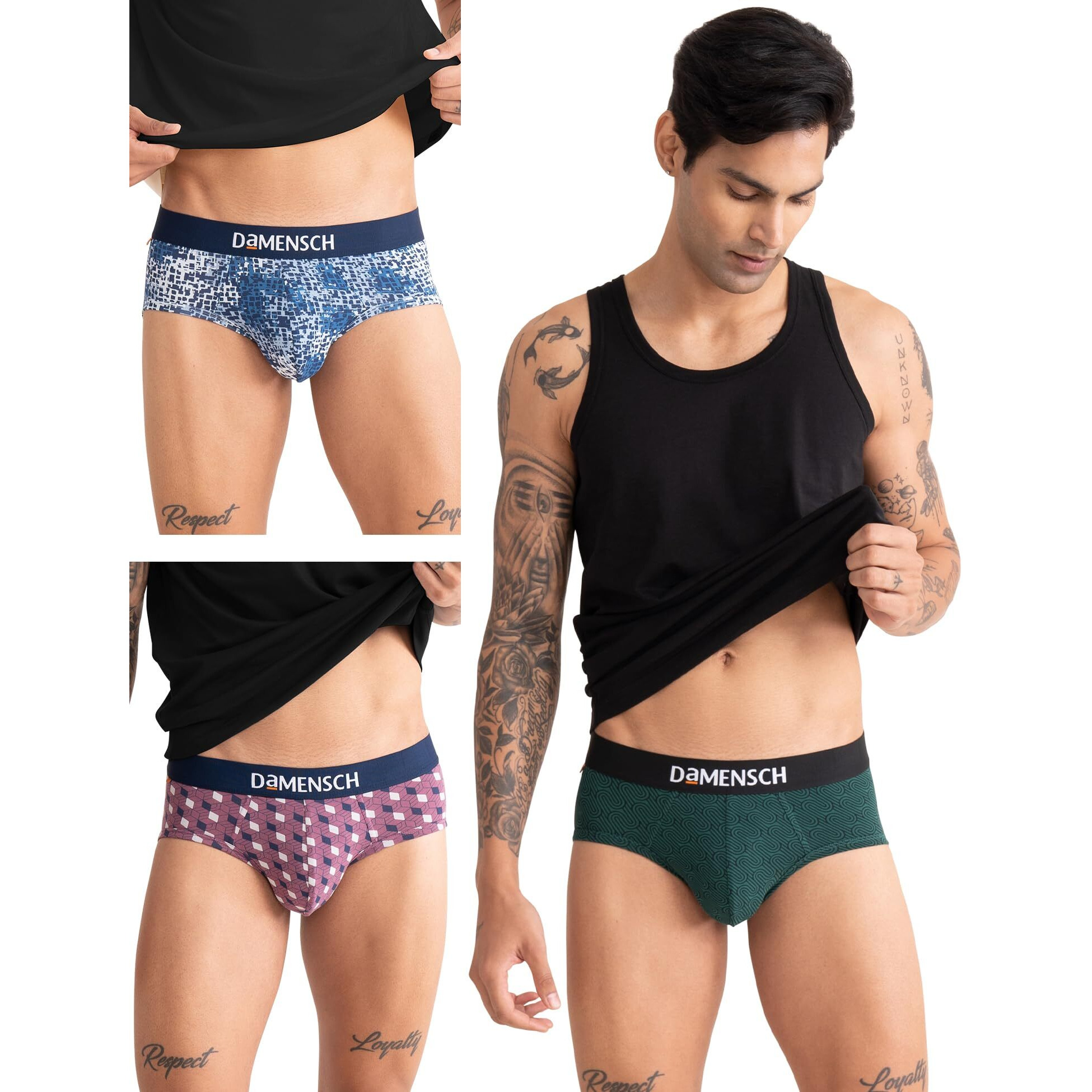 DAMENSCH Deo-Cotton Tonal Print Brief-Pack of 3-Tulipwood,Forest Biome,Soft Chambray-Large
