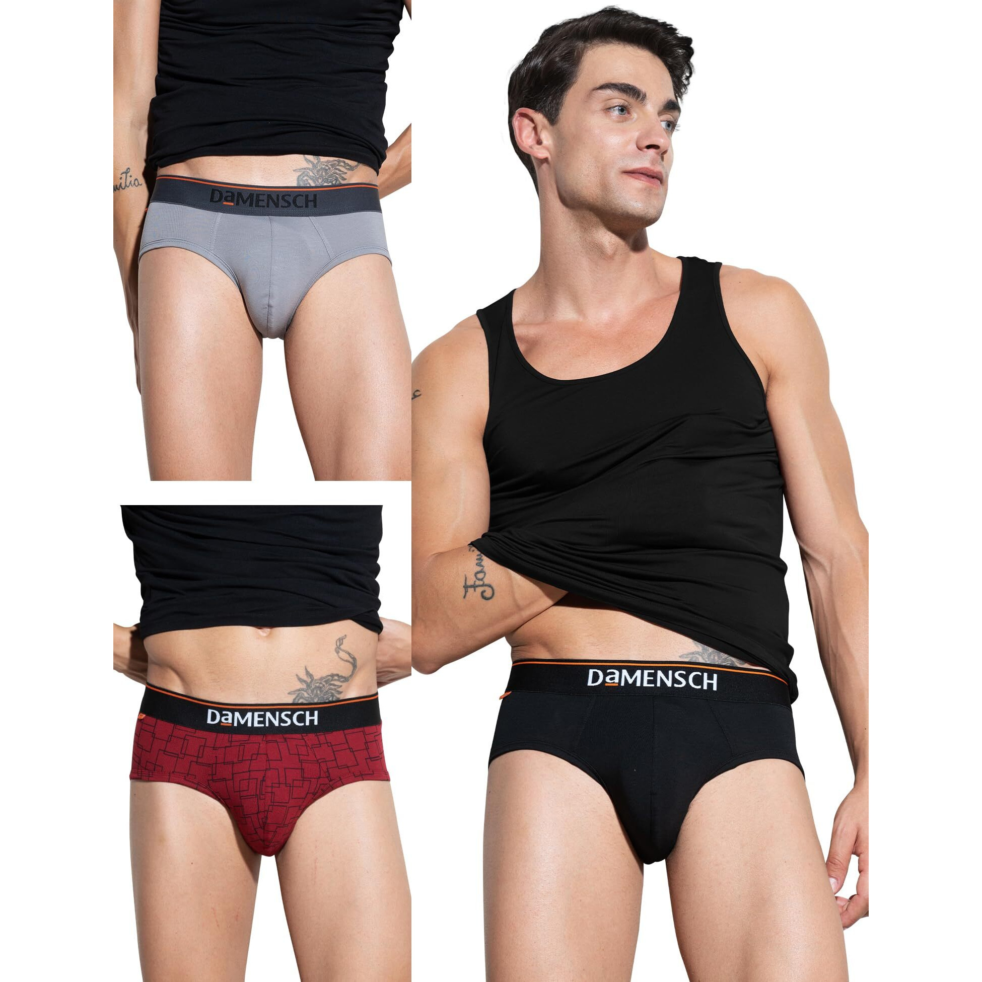 DAMENSCH Men's Deo-Cotton Deodorizing Brief- Pack of 3- Snapping Red, Dessert Grey, Sweet Black- X-Large