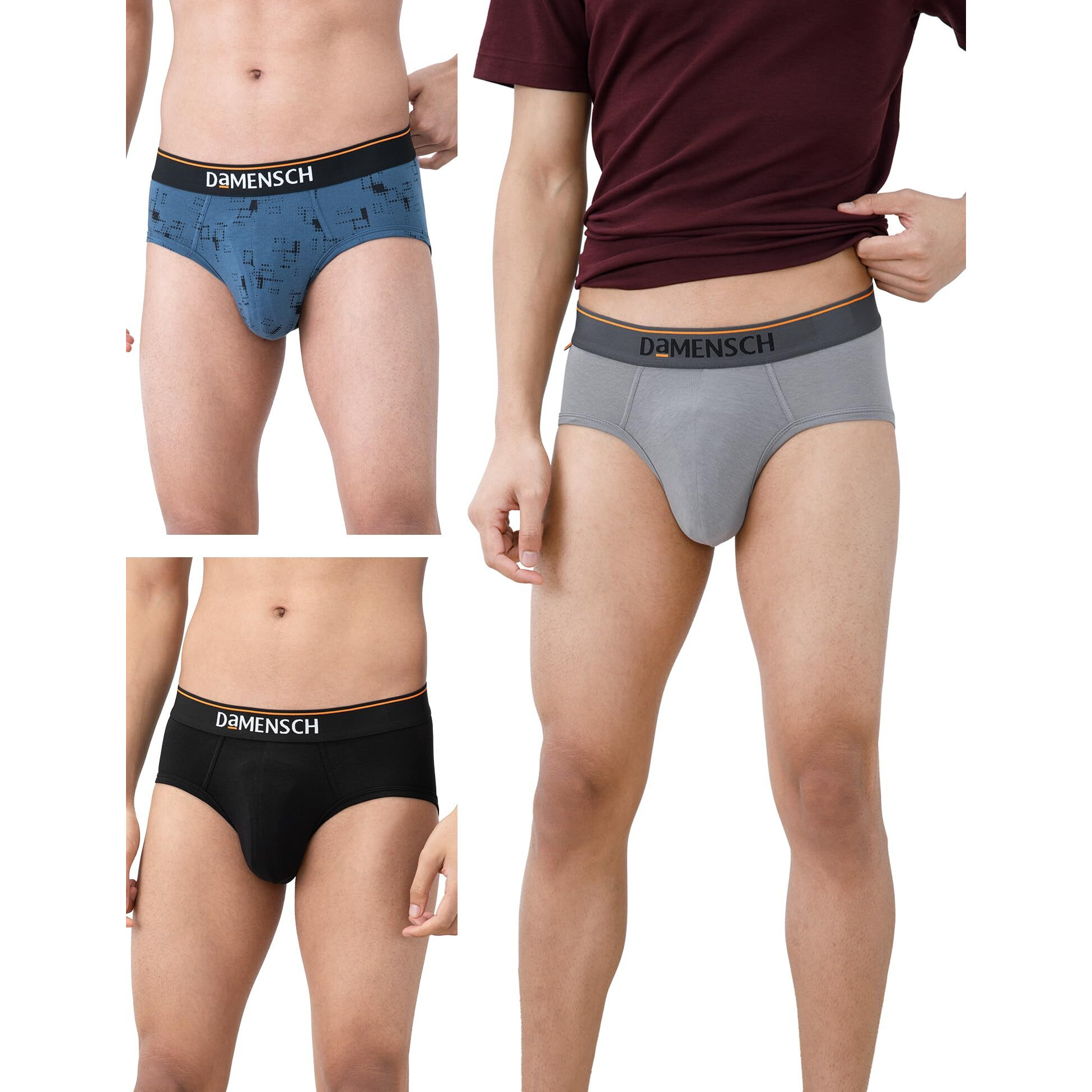 DAMENSCH Men's Deo-Cotton Deodorizing Brief- Pack of 3- Marbled Blue, Sweet Black, Dessert Grey- Large