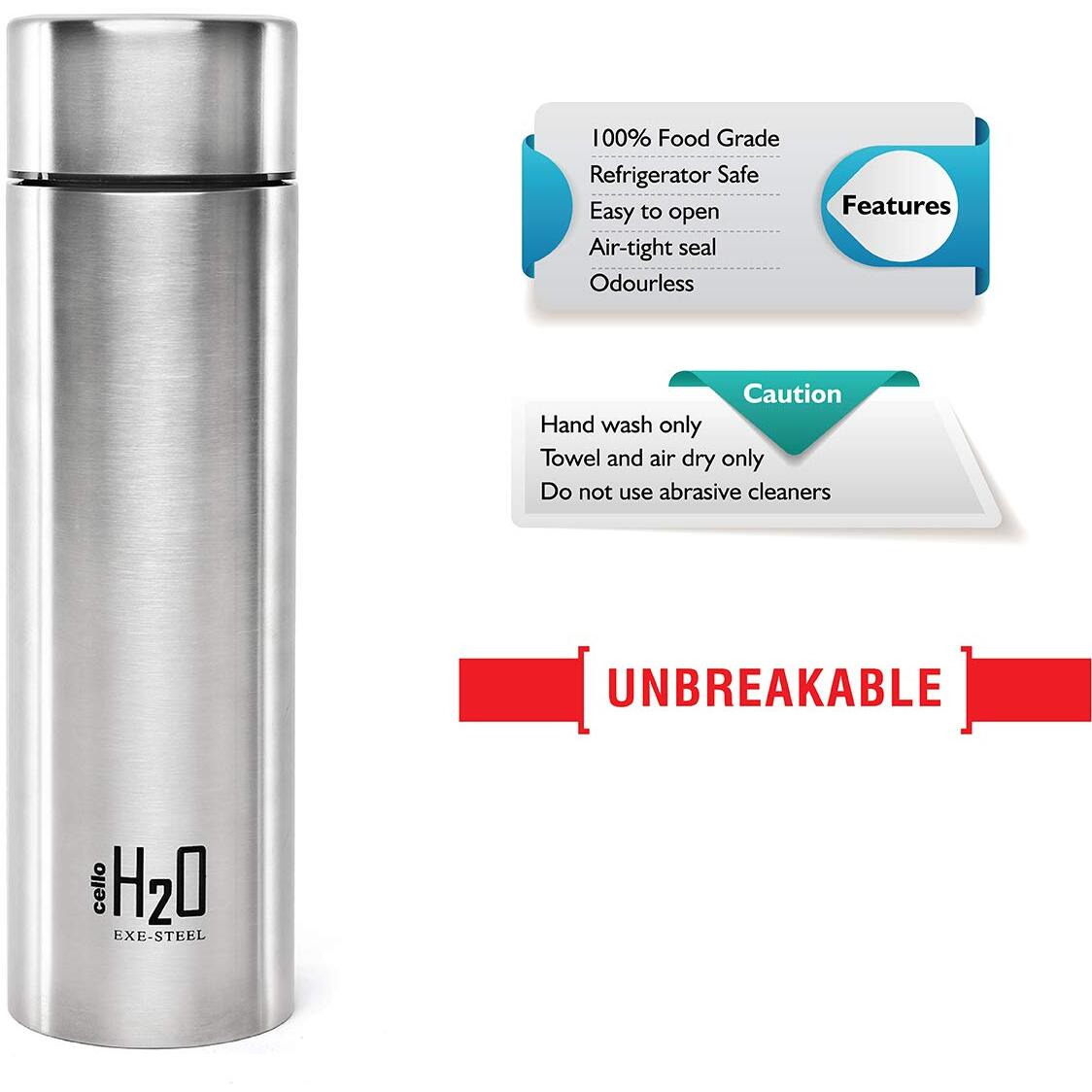 CELLO H2O Stainless Steel Water Bottle | Leak proof & break-proof | Lid is sealed by a silicone ring | Best Usage for Office/School/College/Gym/Picnic/Home/Fridge |1 Litre | Silver, 1 Unit
