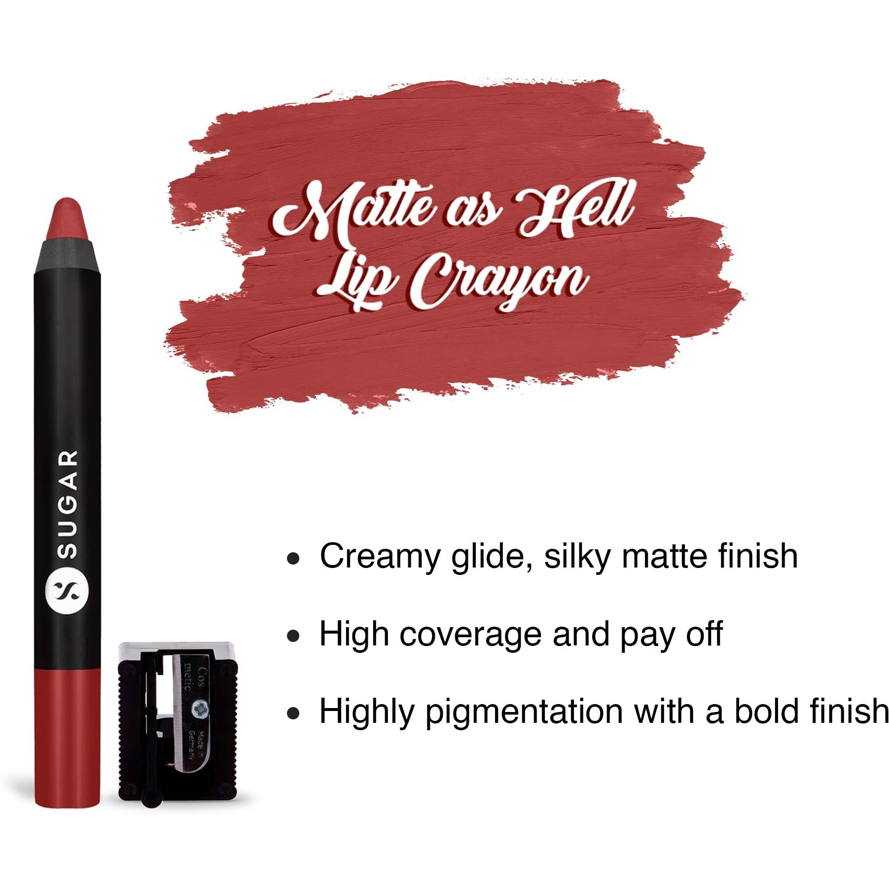 SUGAR Cosmetics Matte as Hell Crayon Lipsticks for Women | Lasts Up To 8+ Hours | Lip Crayon with Sharpener | 2.8gm - 08 Jackie Brown
