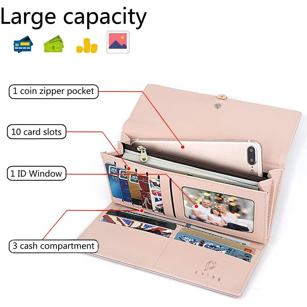 PALAY Women s PU Leather Long Wallet with Leaf Pendant Card Holders Phone Pocket Girls Zipper Coin Purse (Pink)