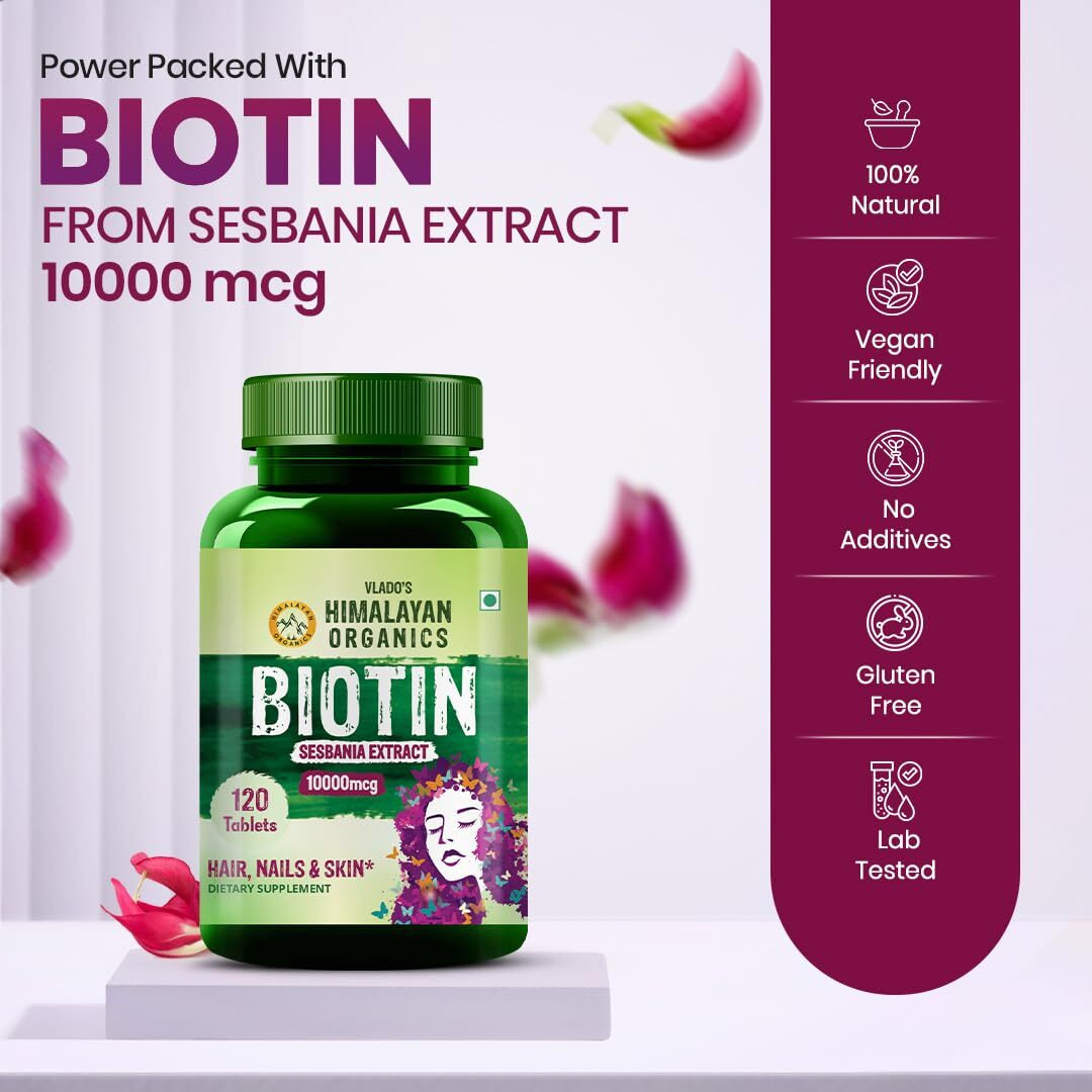 Vlado s Himalayan Organics Biotin 10000mcg for Hair Growth - 120 Tablets