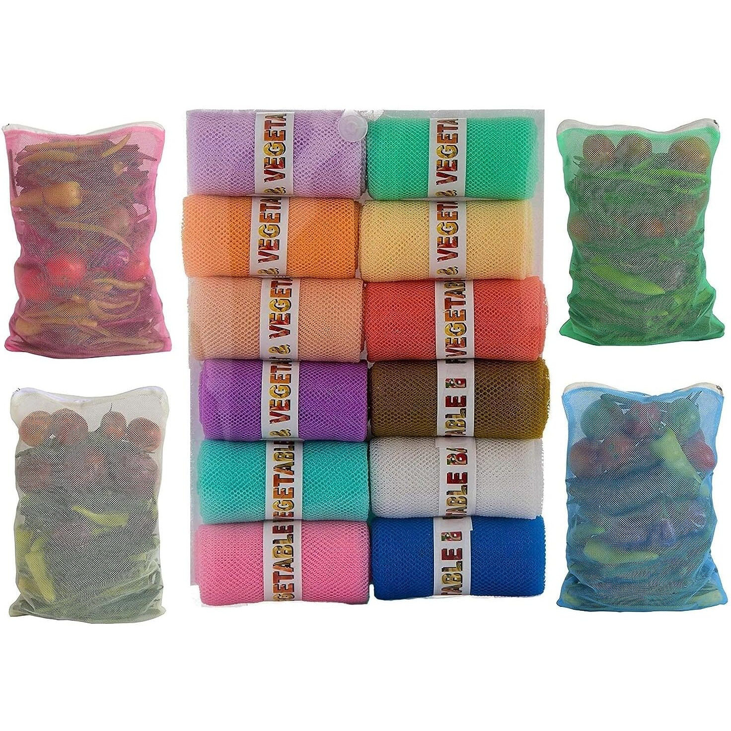 SIO Eco Friendly Produce Fridge Storage Reusable Mesh & Net Vegetable Storage Bags for Fridge Vegetable Fruit Bag for Grocery Shopping & Washable Reusable Zip Lock Bags Pack of 24