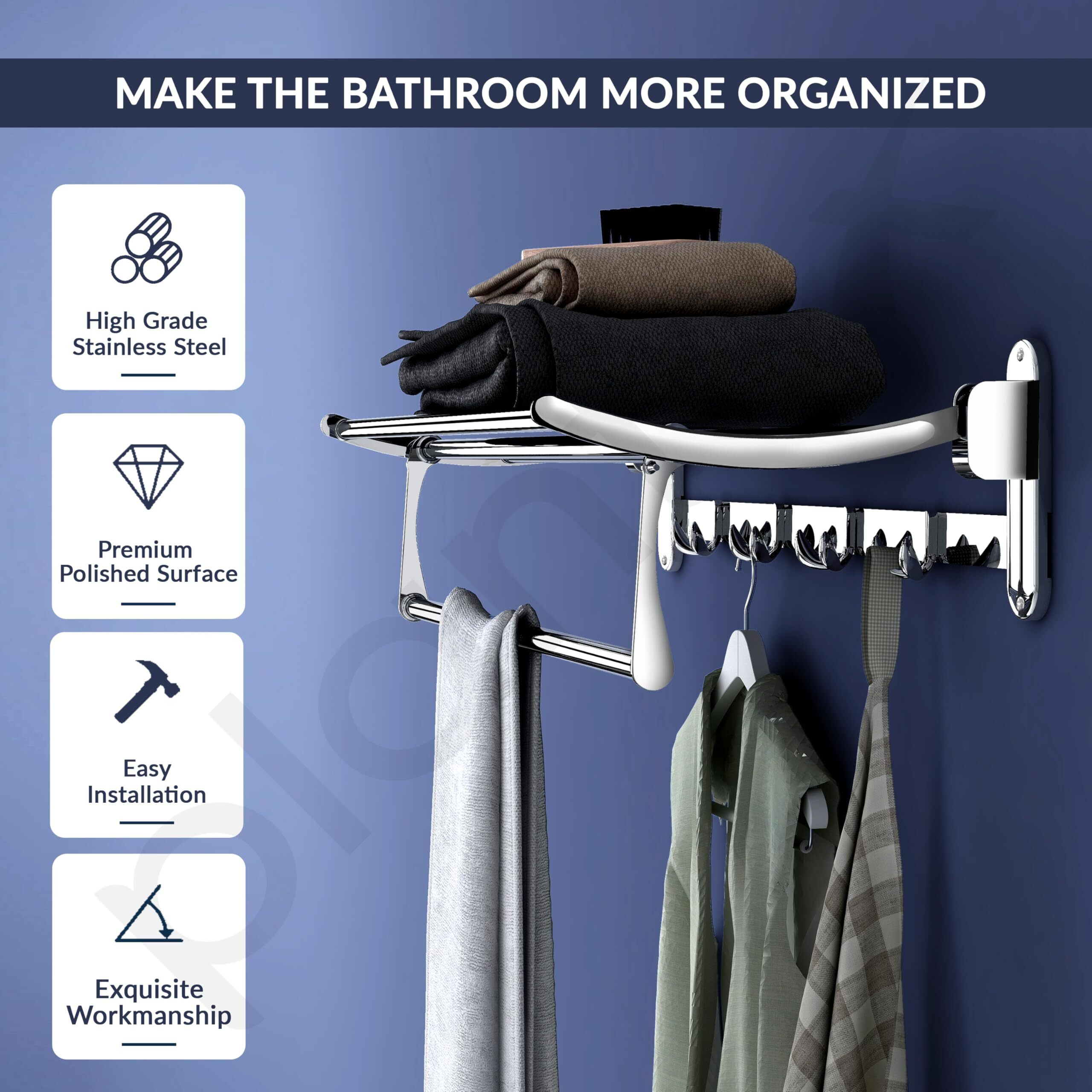 Plantex Towel Hanger for Bathroom/Stainless Steel Folding Towel Holder Stand/Towel Rack for Bathroom (24 Inch-Chrome Finish)