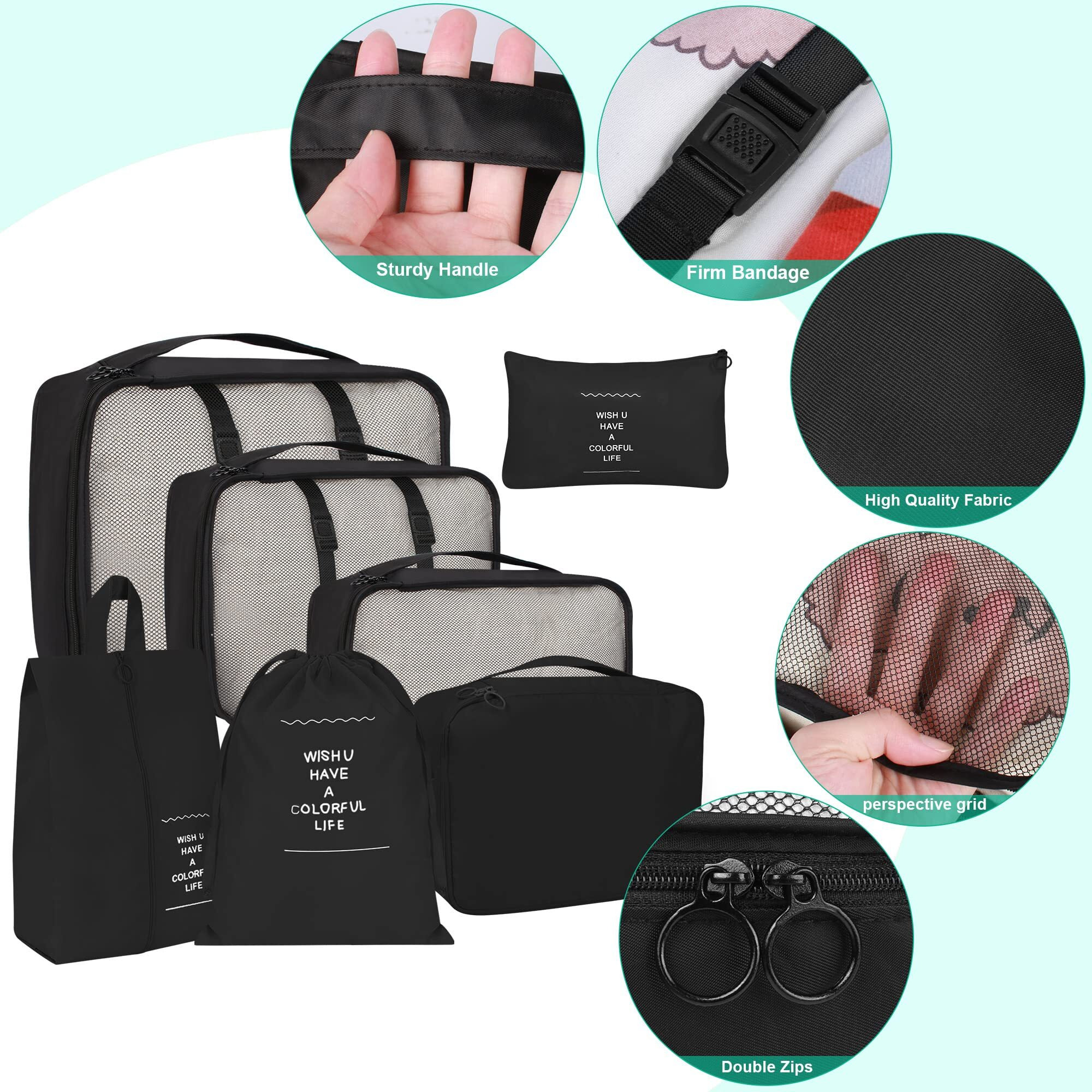 Niwlix Nylon Travel Organizer 7 In 1 Packing Cube For Travel Space Saver Laundry Cosmetics Luggage Makeup Bag Organizers Set With Shoe Bag For Travel (Black)