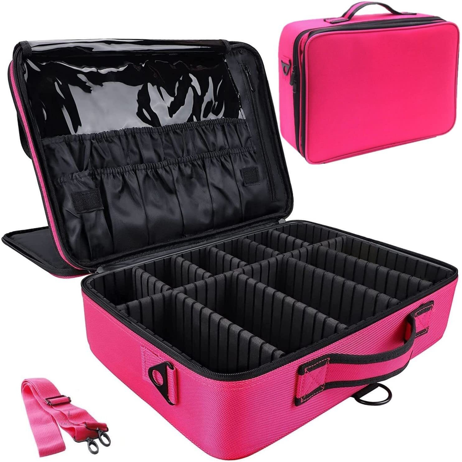 LACOPINE Portable Cosmetic Organizer with Shoulder Straps Multi Functional Cosmetic Bag Makeup Handbag for Travel & Gift (Pink) 40x28x12 cm