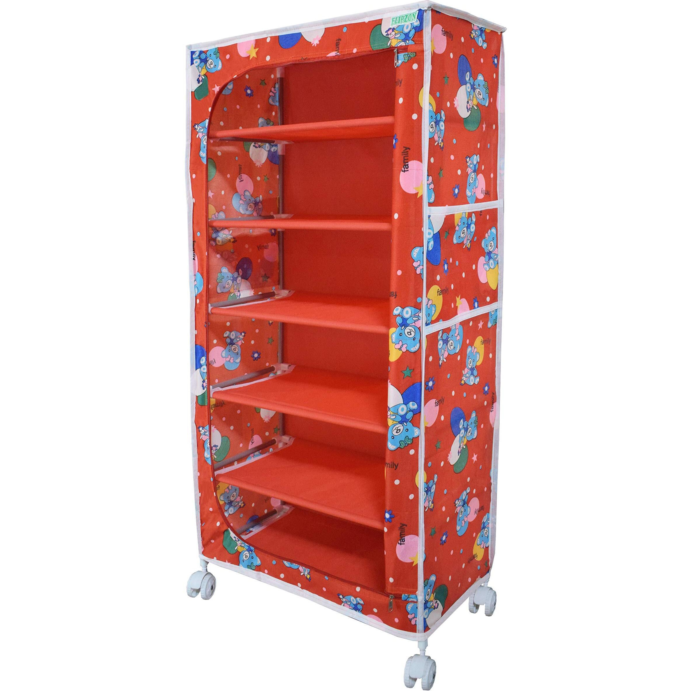 FLIPZON Multipurpose 6 Shelve Baby Wardrobe (Fabric Shelves) - Red (Iron)