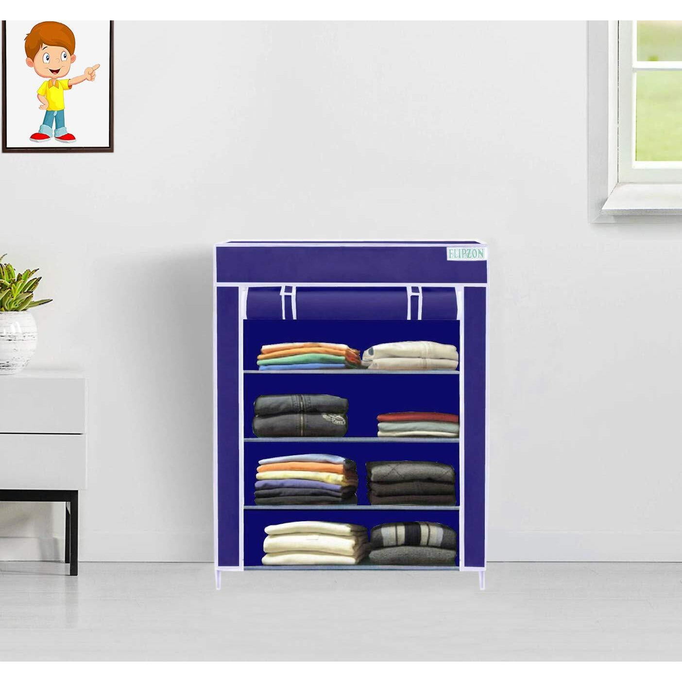 FLIPZON | 4 Shelves Baby Foldable Wardrobe | Non-Woven Fabric Shelves | Blue