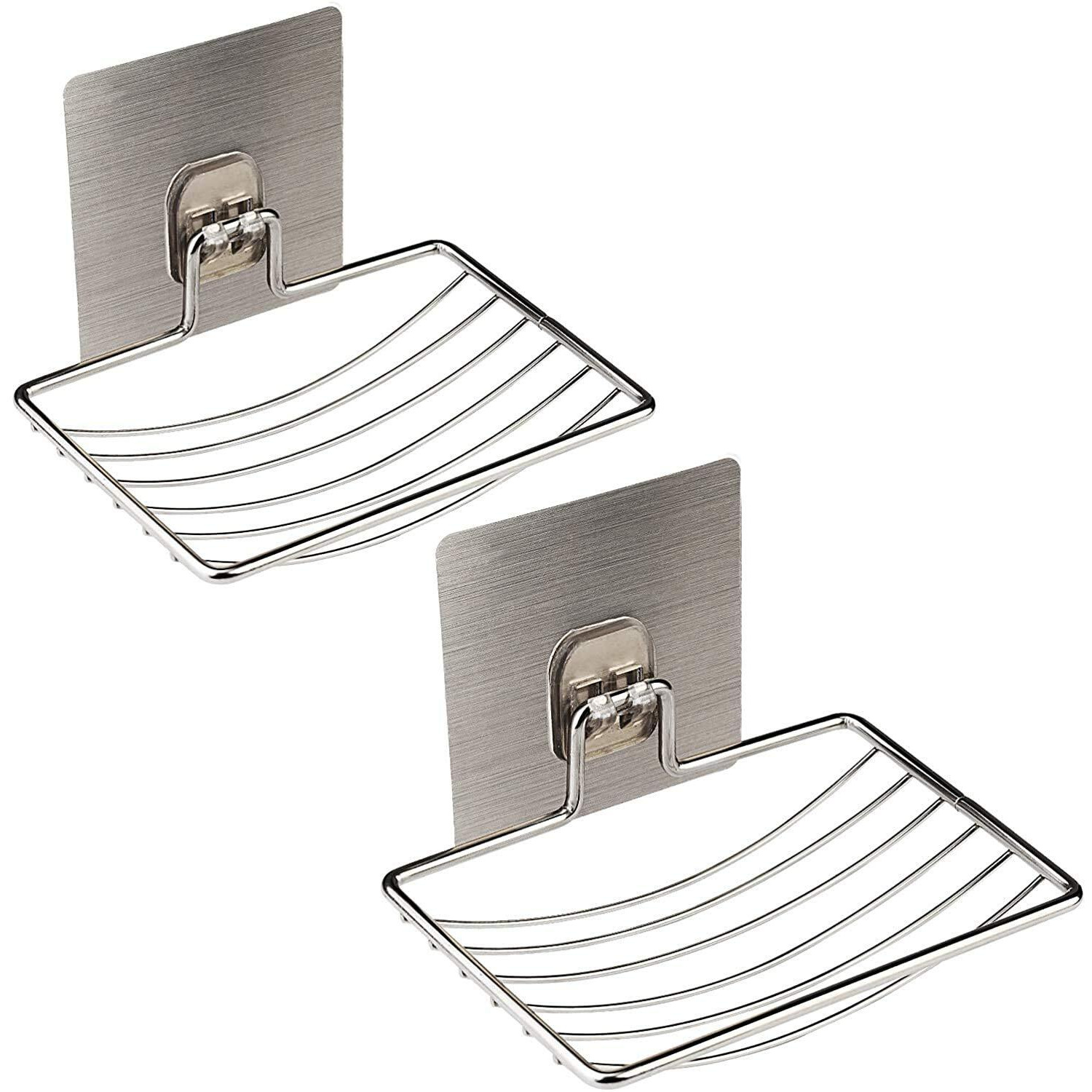 ZIZLY Soap Dish Holder Self Adhesive Wall Mounted Soap Sponge Holder Stainless Steel Storage Saver Rack for Home Kitchen Bathroom Shower - 2 Pack