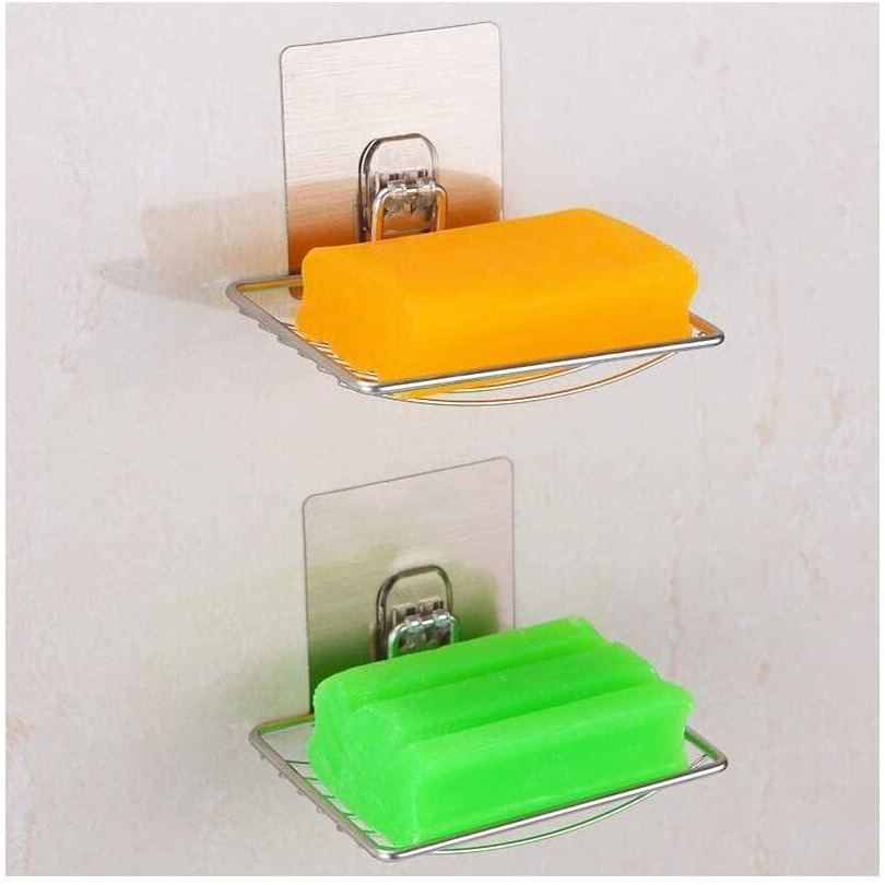 ZIZLY Soap Dish Holder Self Adhesive Wall Mounted Soap Sponge Holder Stainless Steel Storage Saver Rack for Home Kitchen Bathroom Shower - 2 Pack