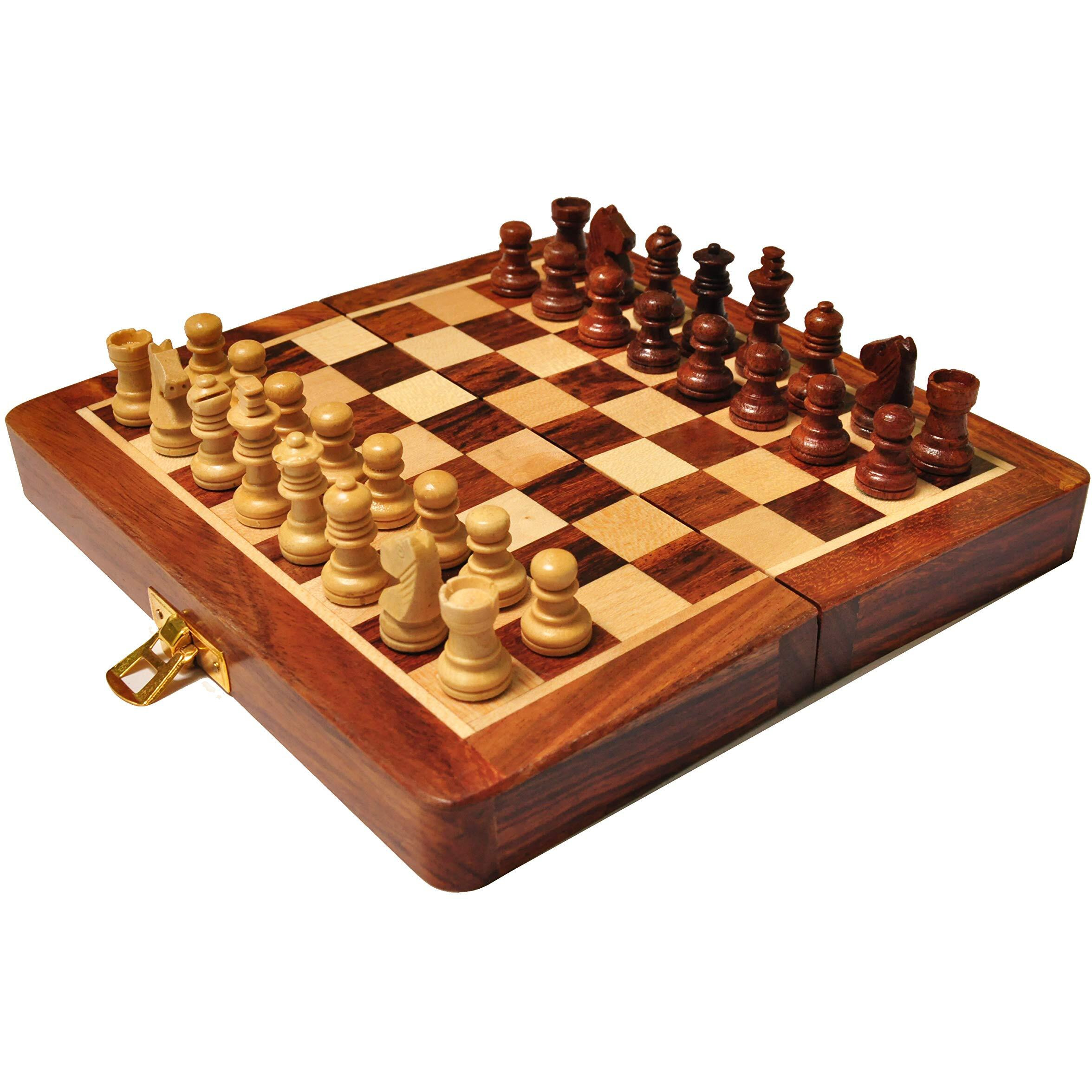 PALM ROYAL HANDICRAFTS Wooden Handmade Foldable Magnetic Chess Board Set with Magnetic Pieces and Extra Queens for Kids and Adults (7.5x7.5 Inches, Brown) Small Size.