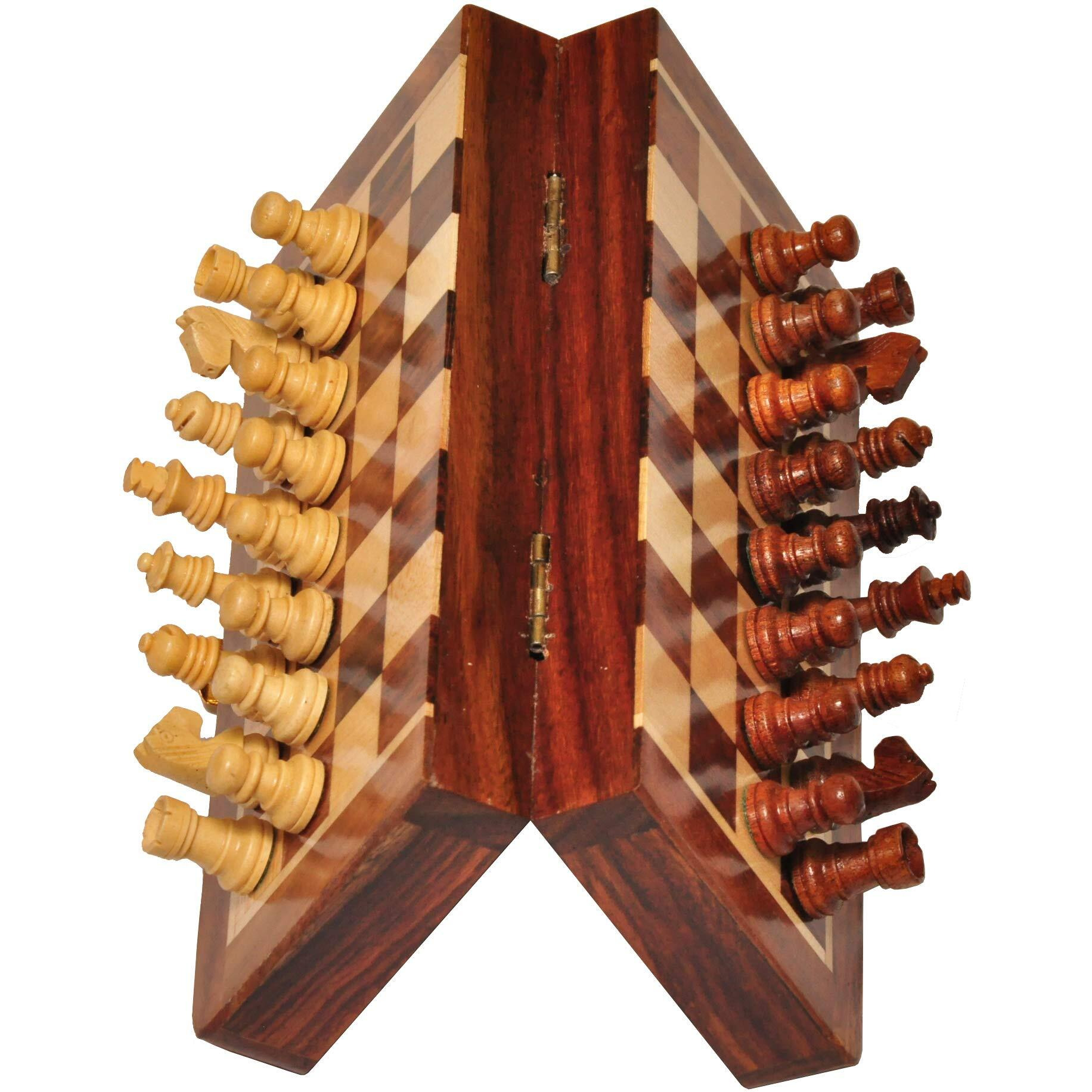 PALM ROYAL HANDICRAFTS Wooden Handmade Foldable Magnetic Chess Board Set with Magnetic Pieces and Extra Queens for Kids and Adults (7.5x7.5 Inches, Brown) Small Size.