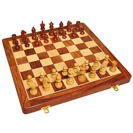 PALM ROYAL HANDICRAFTS Wooden Handmade Foldable Magnetic Chess Board Set with Magnetic Pieces and Extra Queens for Kids and Adults (16x16 Inches, Brown)
