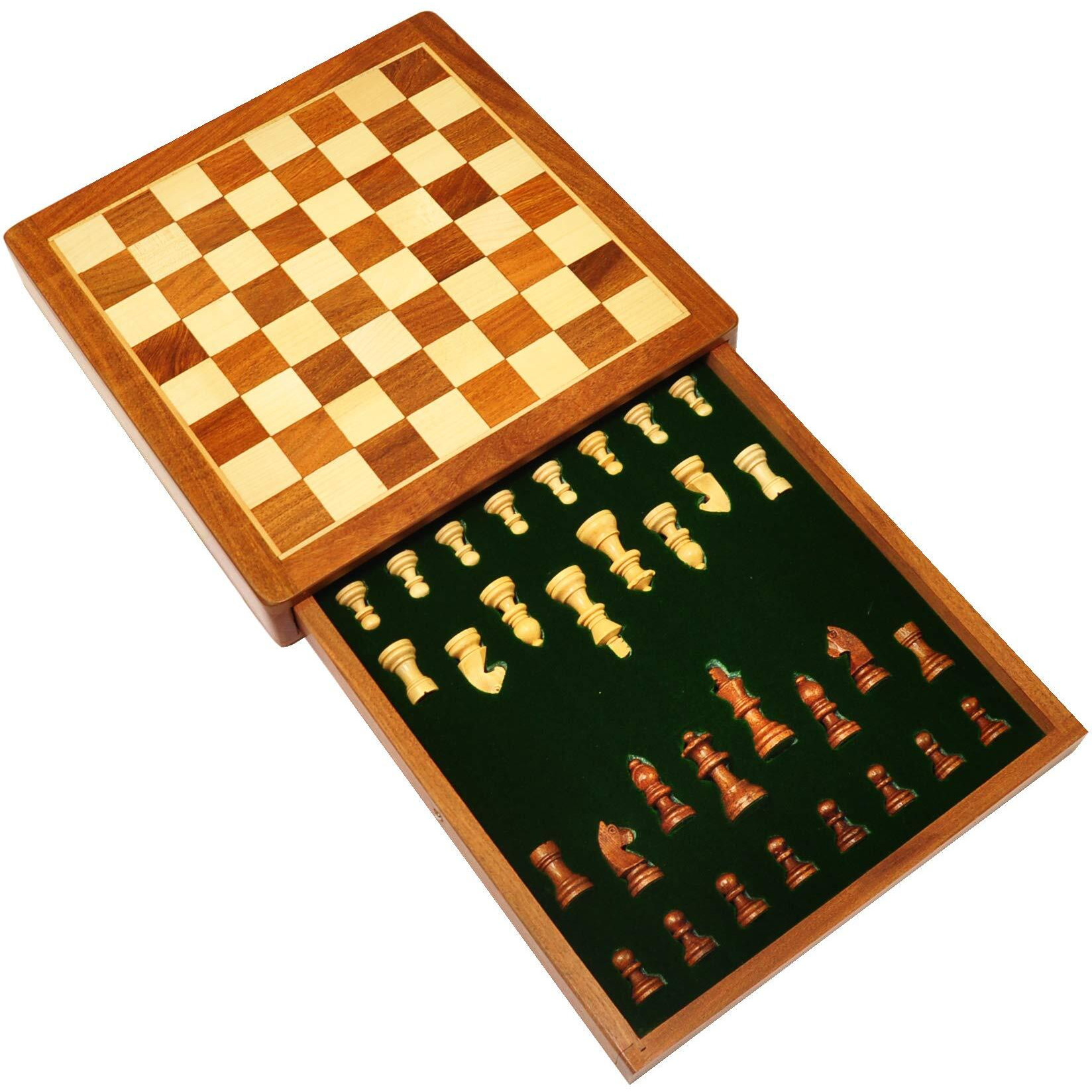 PALM ROYAL HANDICRAFTS 10 Inches Handmade Drawer Wooden Chess Board Set Magnetic Made With Indian Rosewood | Inbuilt Storage Compatment For Chessmen - (10 X 10 Inches) Brown., For Kid
