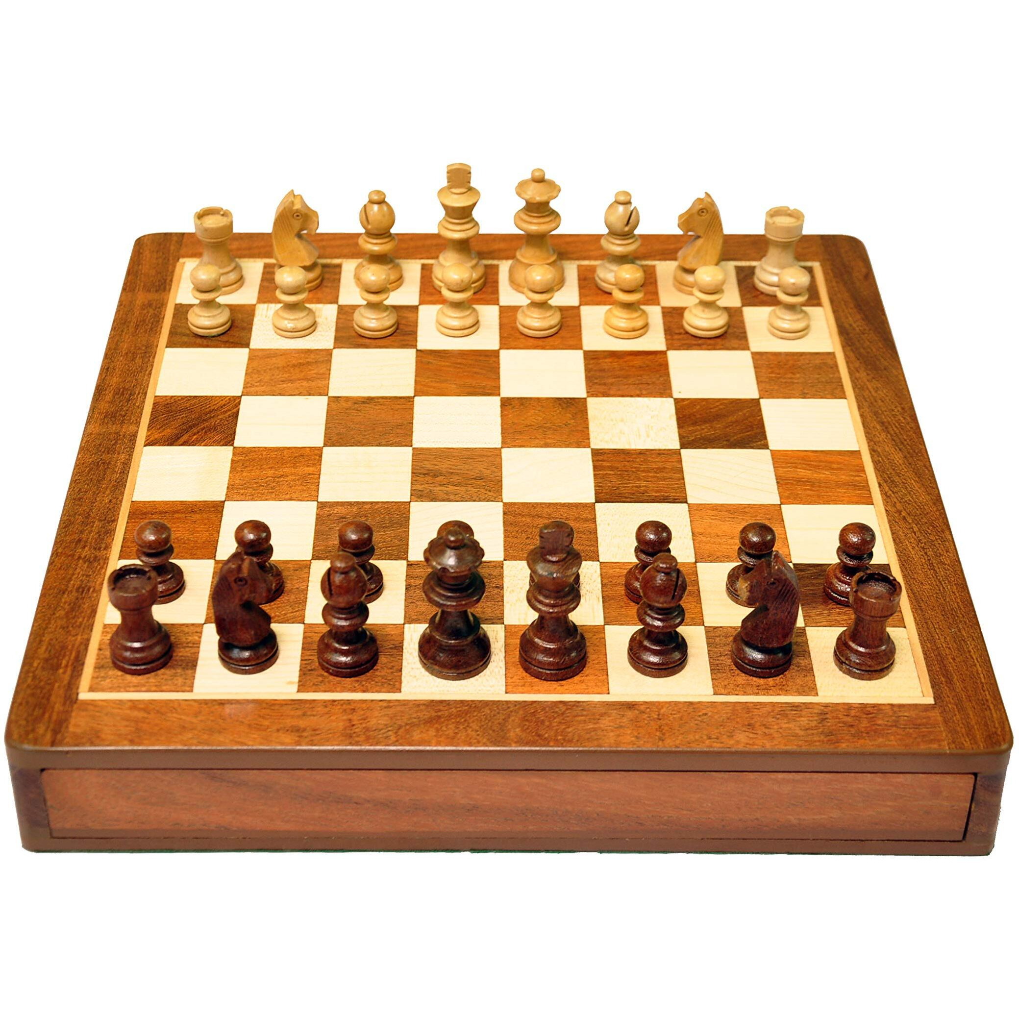 PALM ROYAL HANDICRAFTS 10 Inches Handmade Drawer Wooden Chess Board Set Magnetic Made With Indian Rosewood | Inbuilt Storage Compatment For Chessmen - (10 X 10 Inches) Brown., For Kid