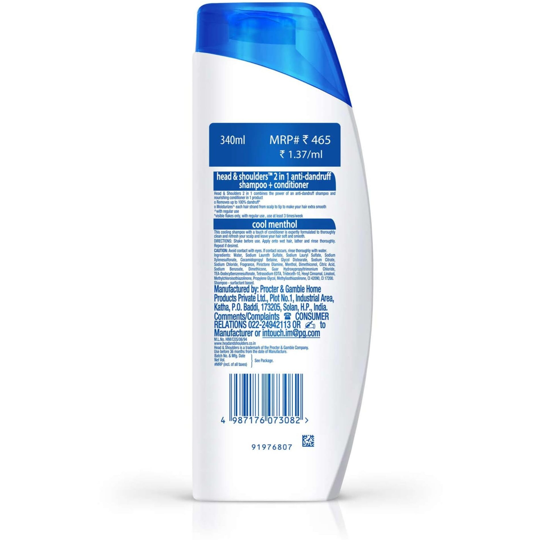 Head & Shoulders 2-in-1 Cool Menthol Anti Dandruff Shampoo + Conditioner for Women & Men, With Almond Milk (340 ml)