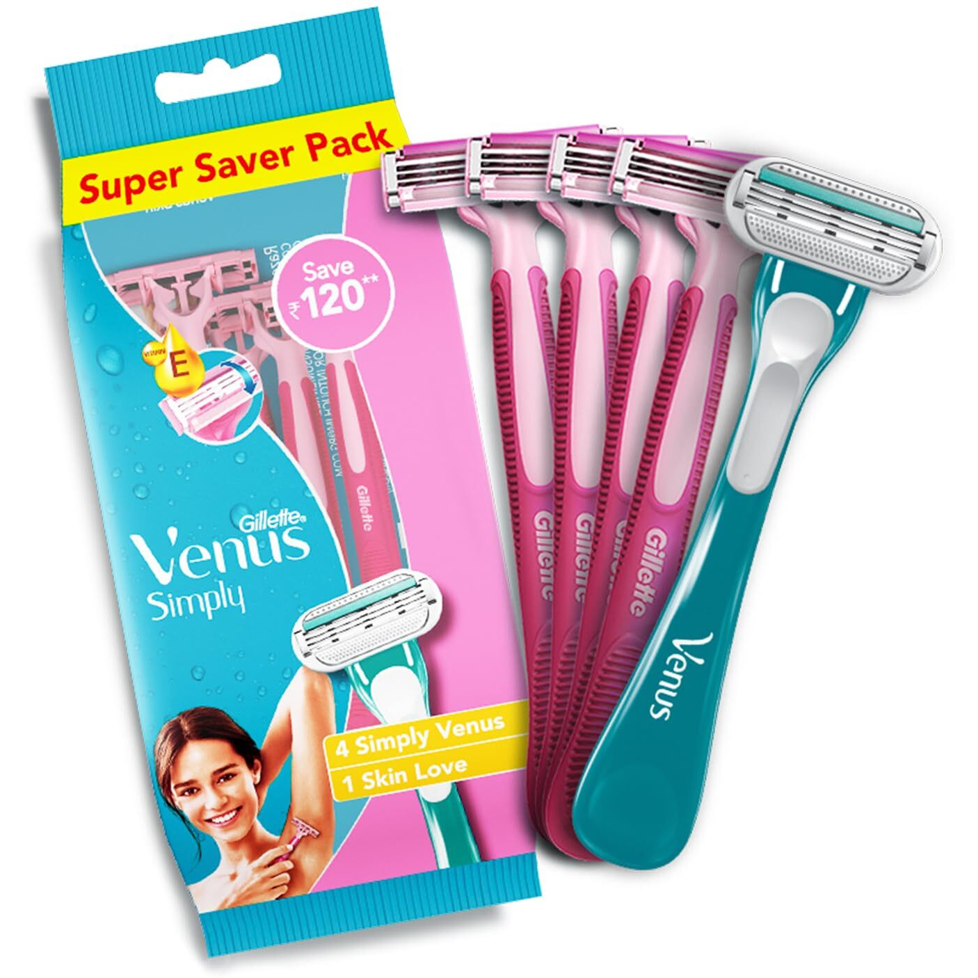 Gillette Venus Simply Venus Pink Hair Removal for Women - 5 razors (Buy 4,Get 1 free)
