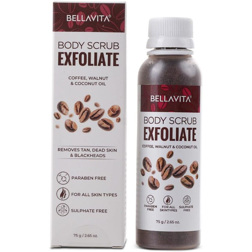 BELLAVITA Exfoliate Coffee Scrub for Face & Body, Blackhead Remover, De Tan Removal Ayurveda, Dirt Removal from Neck, Knees, Elbows, Arms 75 g (Pack of 1)