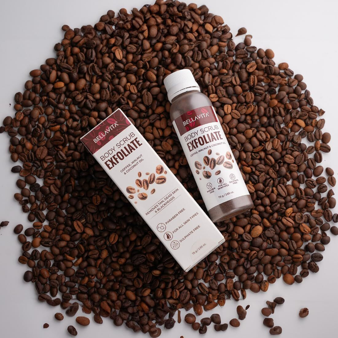 BELLAVITA Exfoliate Coffee Scrub for Face & Body, Blackhead Remover, De Tan Removal Ayurveda, Dirt Removal from Neck, Knees, Elbows, Arms 75 g (Pack of 1)