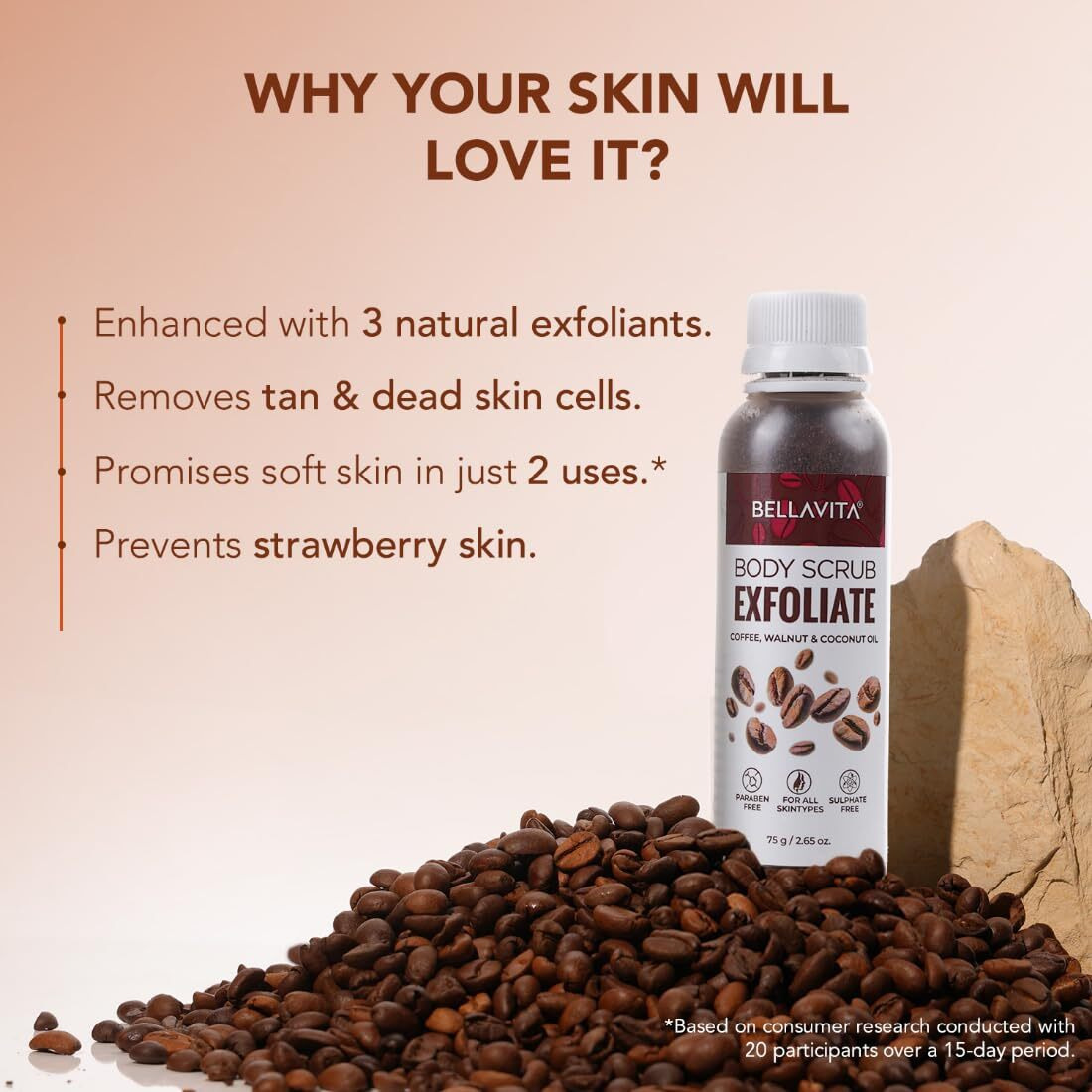 BELLAVITA Exfoliate Coffee Scrub for Face & Body, Blackhead Remover, De Tan Removal Ayurveda, Dirt Removal from Neck, Knees, Elbows, Arms 75 g (Pack of 1)