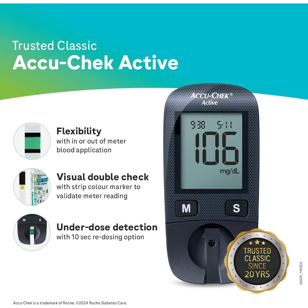 Accu-Chek Active Blood Glucose Glucometer Kit With Vial Of 10 Strips, 10 Lancets And A Lancing Device Free For Accurate Blood Sugar Testing