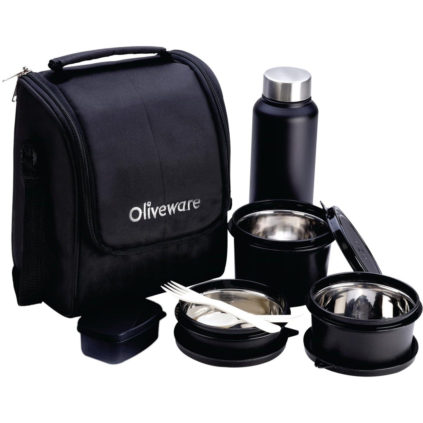 SOPL-OLIVEWARE Teso Lunch Box with Plastic Cutlery, 3 Microwave Safe Inside Steel Containers with BPA free Lids (290ml, 450ml & 600ml), Plastic Pickle Box (130ml), Steel Water Bottle (750ml) - Black