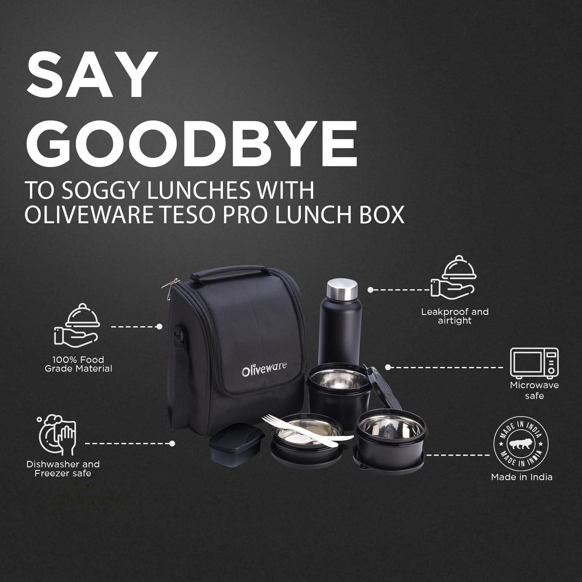 SOPL-OLIVEWARE Teso Lunch Box with Plastic Cutlery, 3 Microwave Safe Inside Steel Containers with BPA free Lids (290ml, 450ml & 600ml), Plastic Pickle Box (130ml), Steel Water Bottle (750ml) - Black