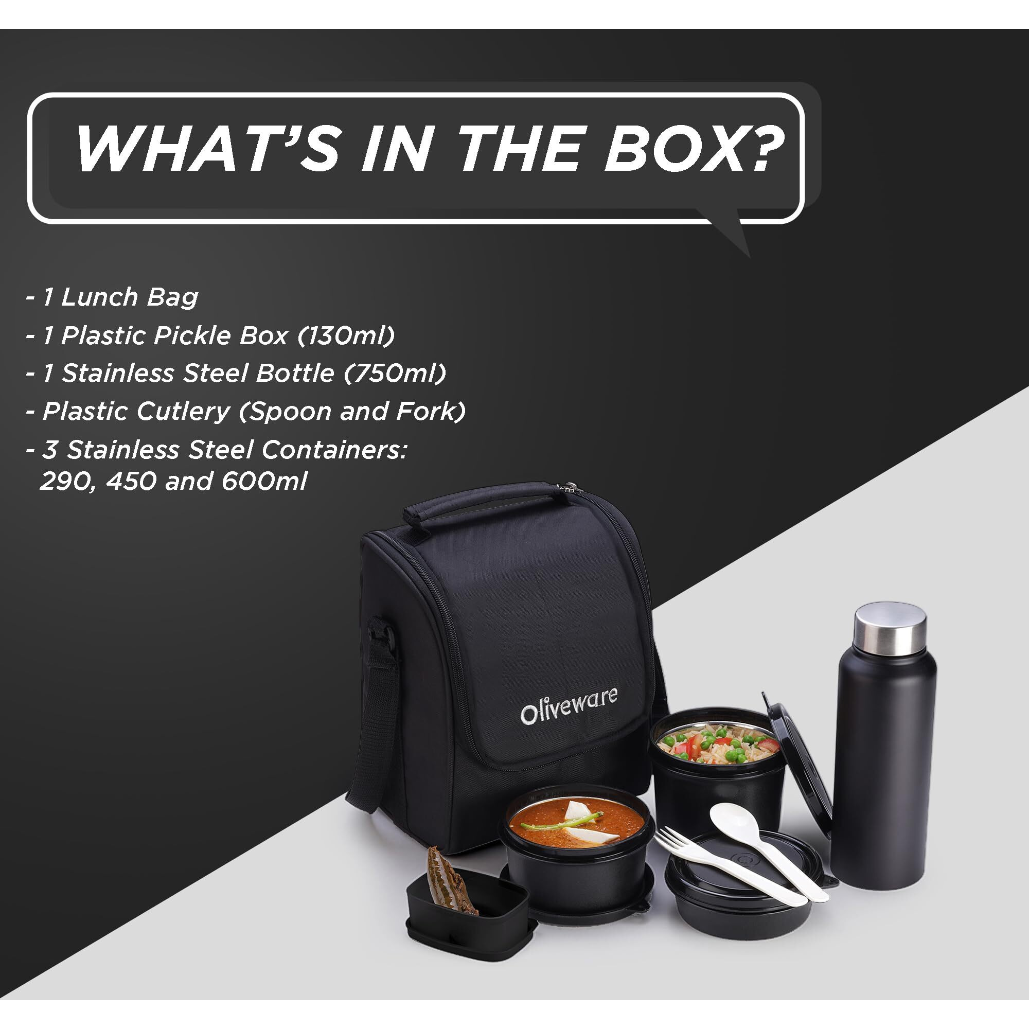 SOPL-OLIVEWARE Teso Lunch Box with Plastic Cutlery, 3 Microwave Safe Inside Steel Containers with BPA free Lids (290ml, 450ml & 600ml), Plastic Pickle Box (130ml), Steel Water Bottle (750ml) - Black