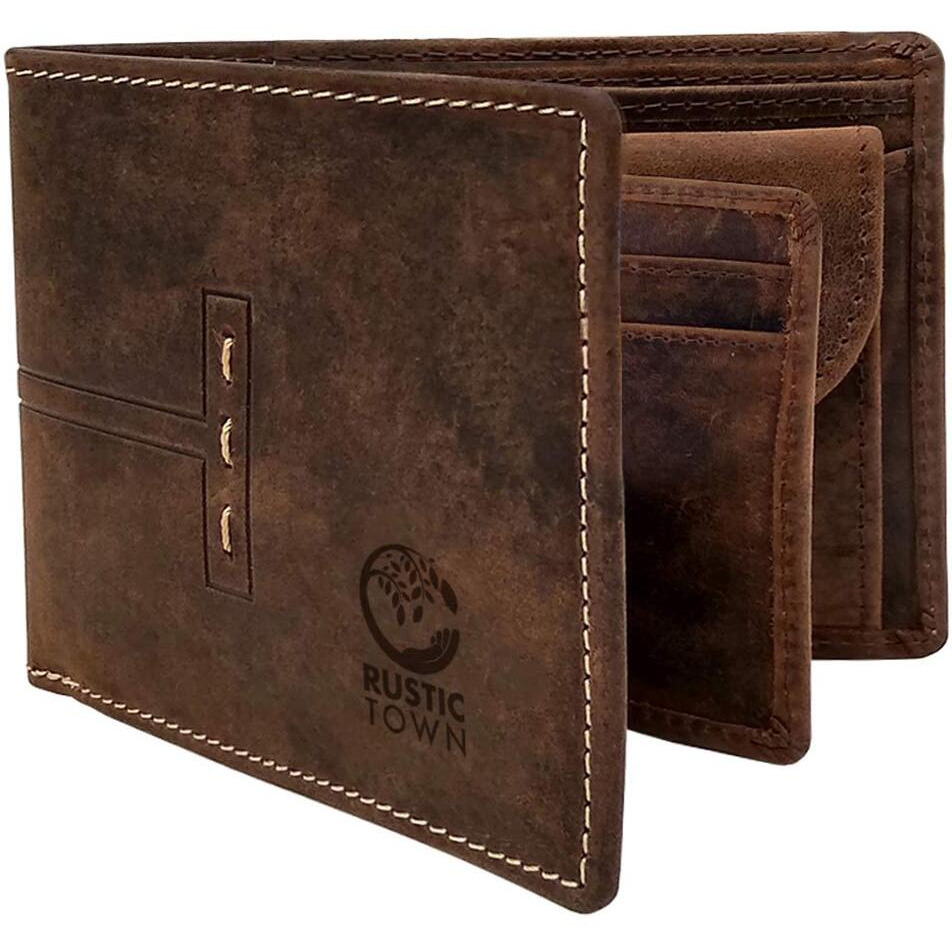 RUSTIC TOWN Mens Wallets - Full Grain Leather Rfid Wallet for Men With ID Window, Card Slots and Coin Pocket (Large, Dark Brown)