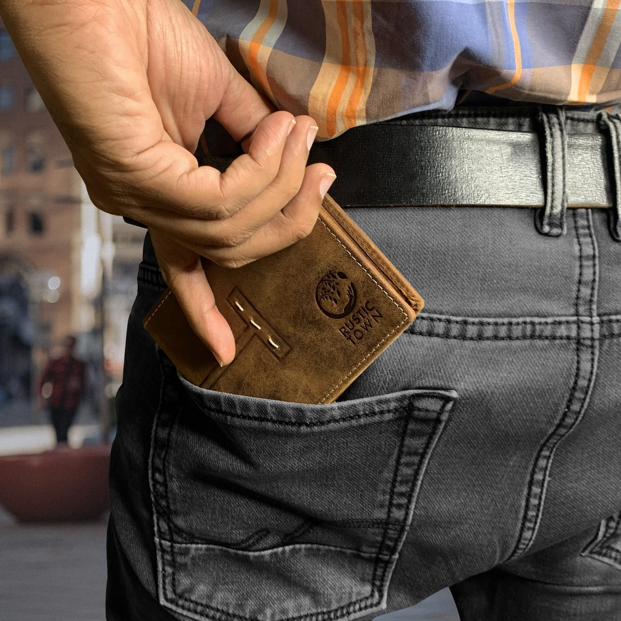 RUSTIC TOWN Mens Wallets - Full Grain Leather Rfid Wallet for Men With ID Window, Card Slots and Coin Pocket (Large, Dark Brown)