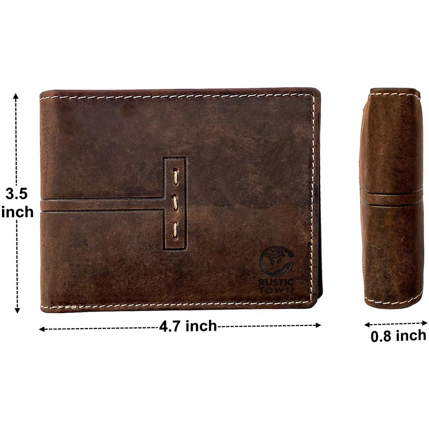 RUSTIC TOWN Mens Wallets - Full Grain Leather Rfid Wallet for Men With ID Window, Card Slots and Coin Pocket (Large, Dark Brown)